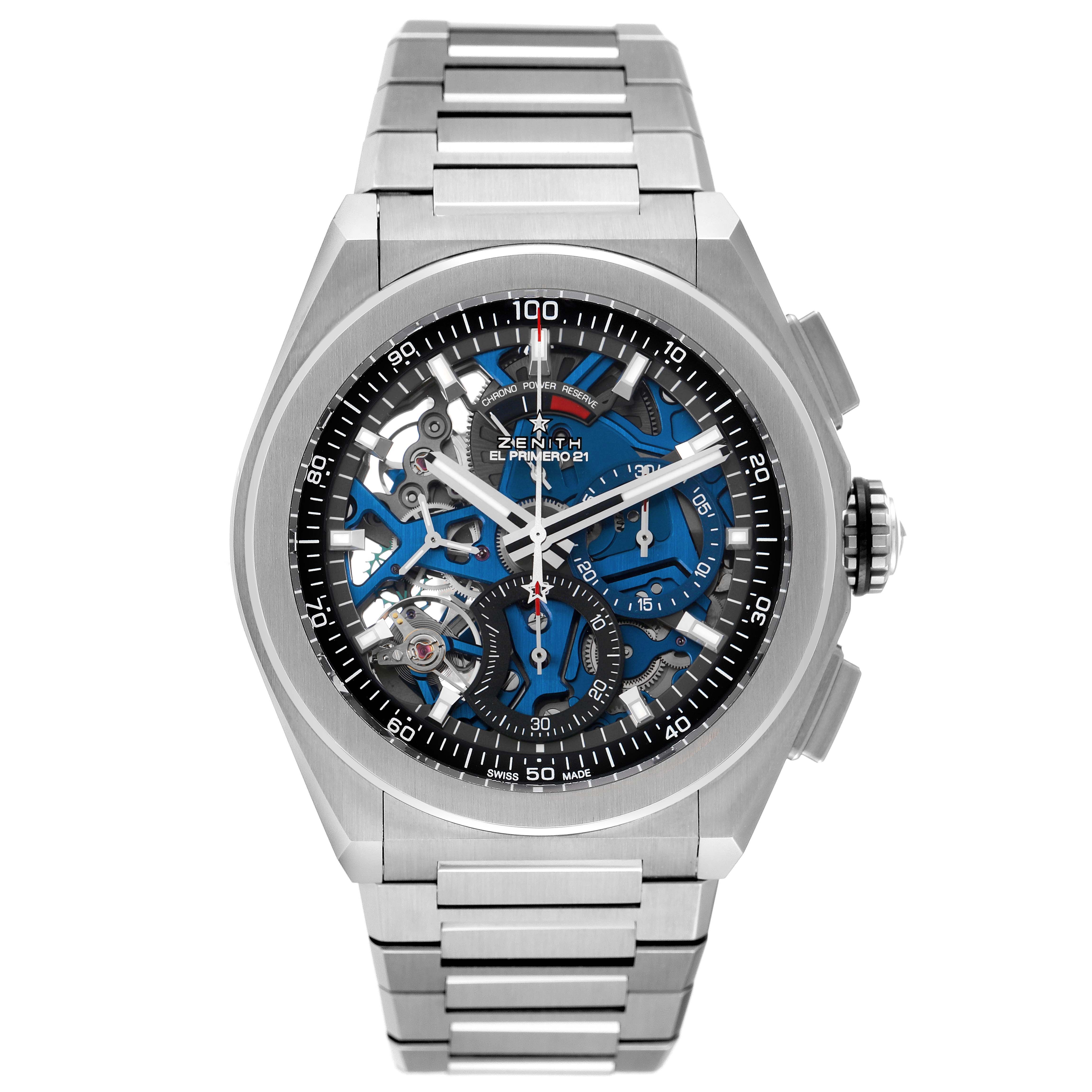 The Zenith El Primero 95.9002.9004/78.M9000 Men's Titanium Blue Dial model is shown from a front angle, displaying the dial with chronograph features and metal bracelet.
