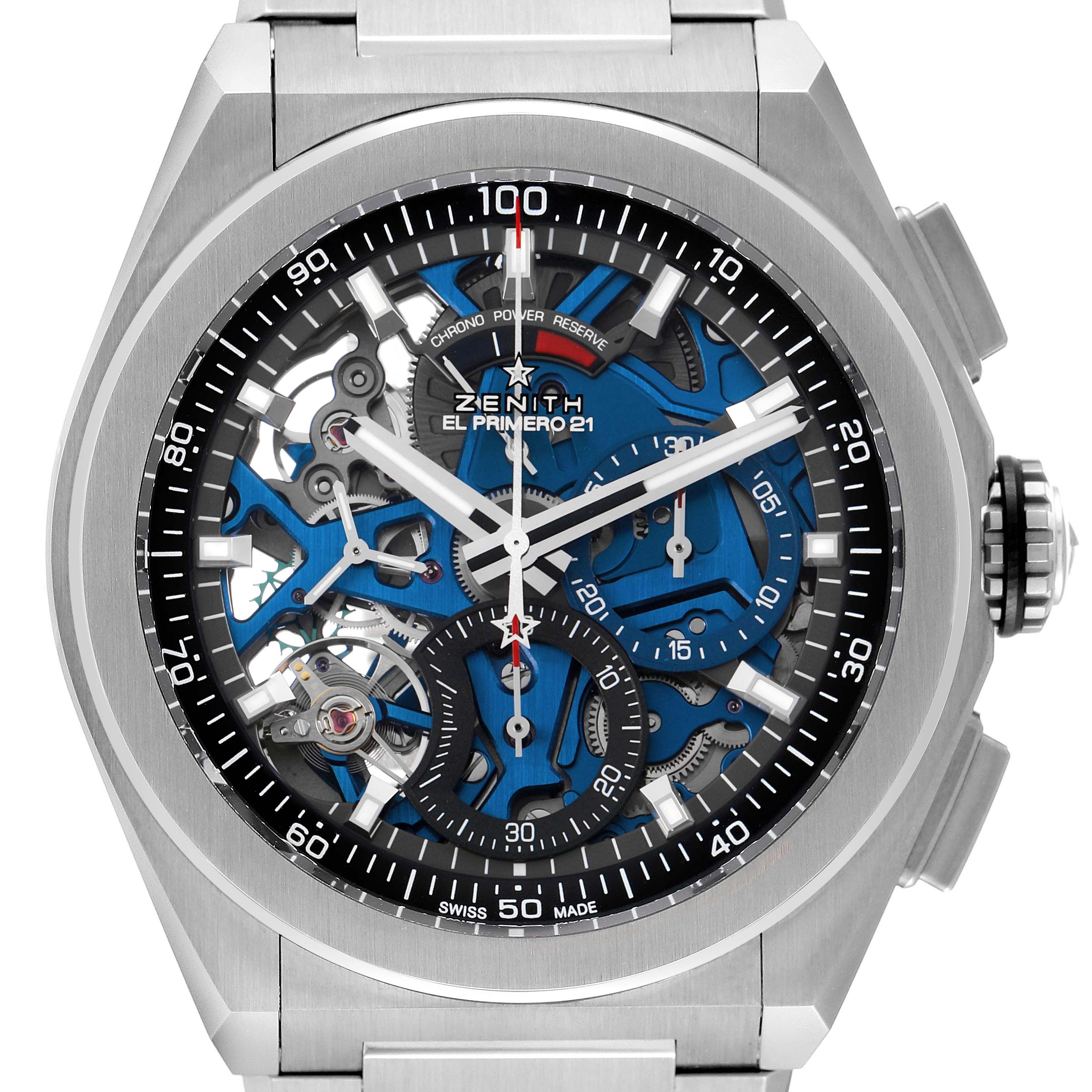 The Zenith El Primero 95.9002.9004/78.M9000 Men's Titanium Blue Dial watch is shown from the front, displaying its detailed skeleton dial and chronograph features.
