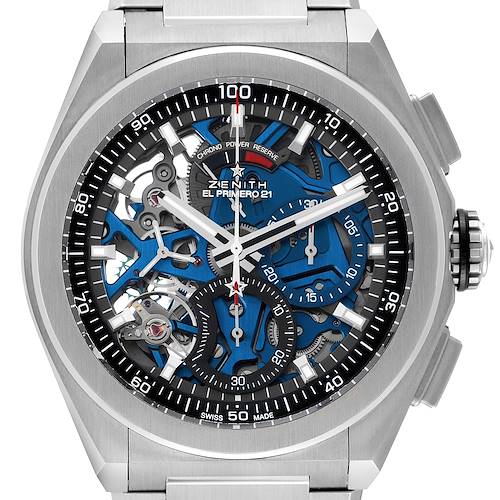 The Zenith El Primero 95.9002.9004/78.M9000 Men's Titanium Blue Dial model is shown from a front angle, displaying the intricate skeleton dial and chronograph features.