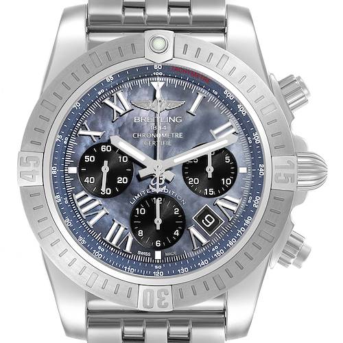 The Breitling Chronomat AB0115 Men's Stainless Steel Mother of Pearl Dial watch is shown from the front, displaying its bezel, dial, subdials, and bracelet links.