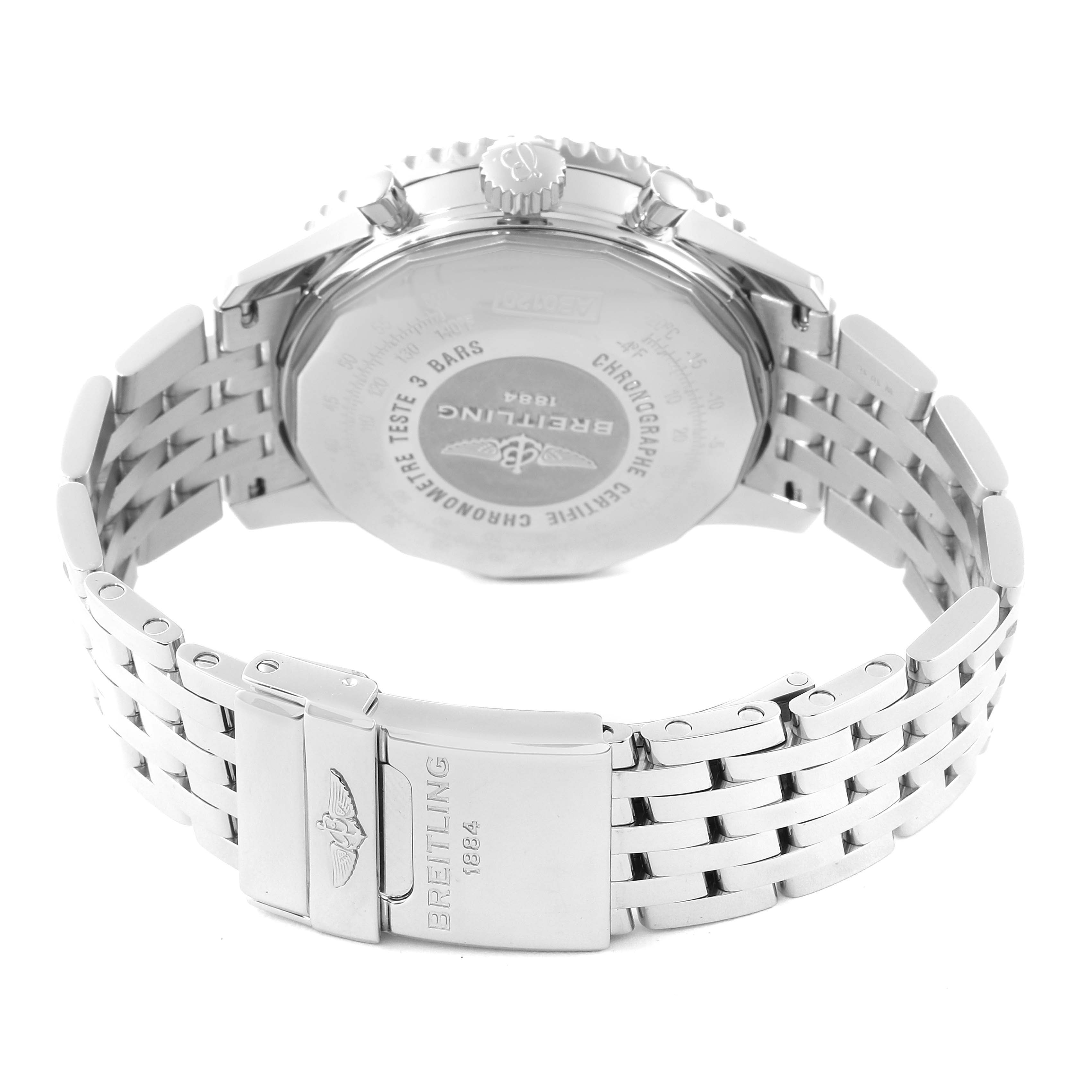 The image shows the back view and bracelet of a Breitling Navitimer AB0120 Men
s Stainless Steel Black Dial AB0120 Men
s Stainless Steel Black Dial watch, highlighting the clasp and case back.