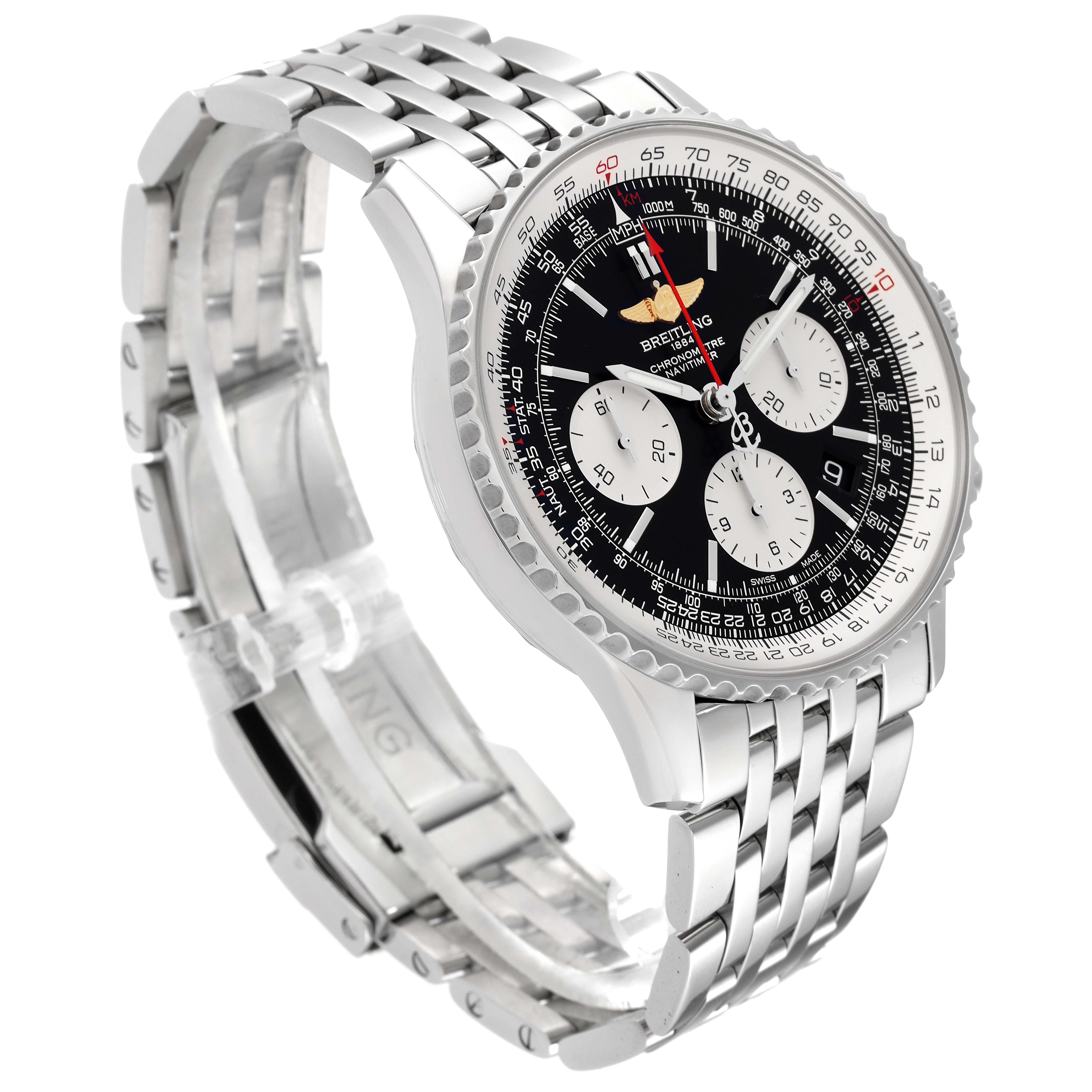This image shows a Breitling Navitimer AB0120 Men
s Stainless Steel Black Dial AB0120 Men
s Stainless Steel Black Dial watch at an angle highlighting the stainless steel case, bracelet, and detailed dial.