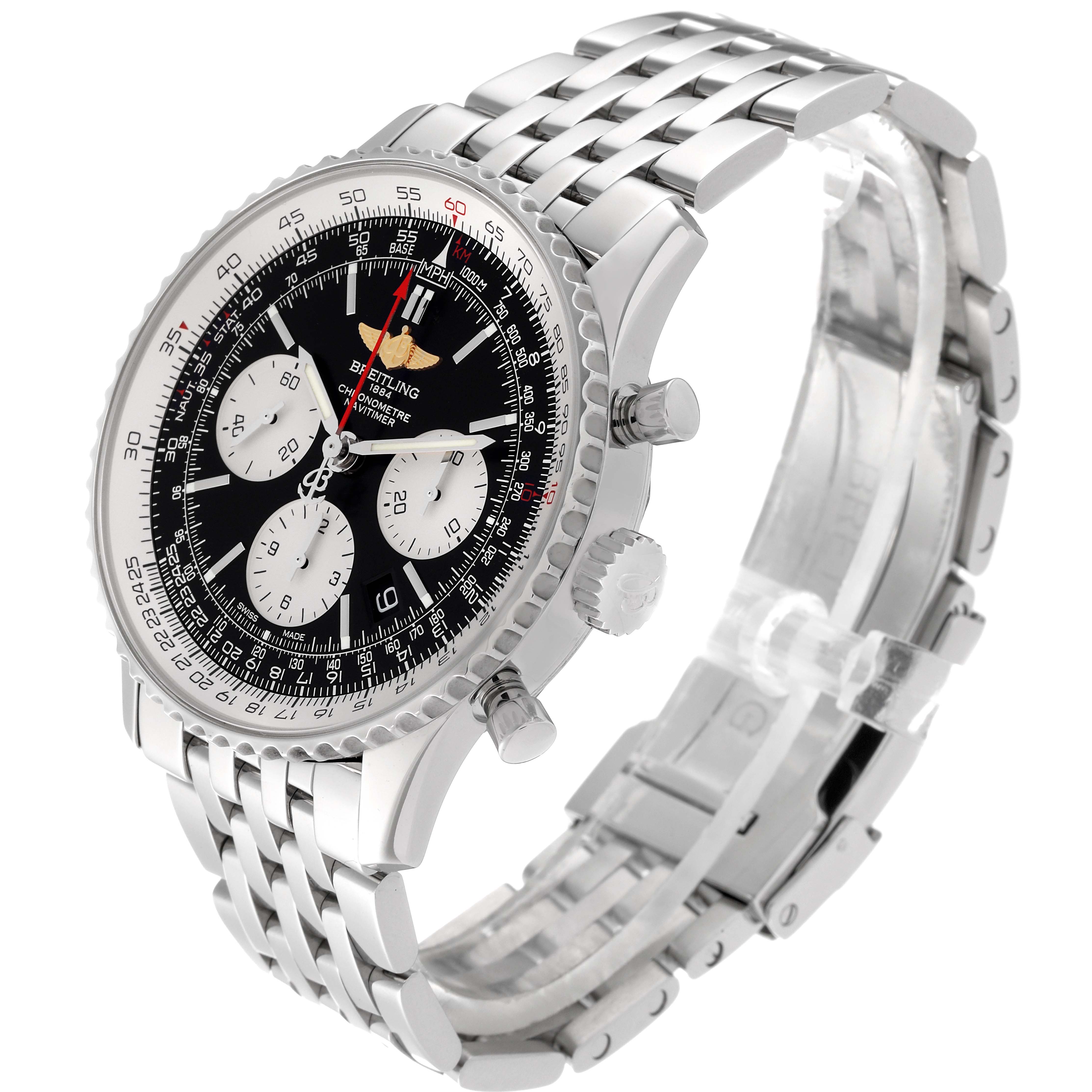 The image shows a Breitling Navitimer AB0120 Men
s Stainless Steel Black Dial AB0120 Men
s Stainless Steel Black Dial watch at a three-quarter angle, displaying the dial, side buttons, and metallic bracelet.