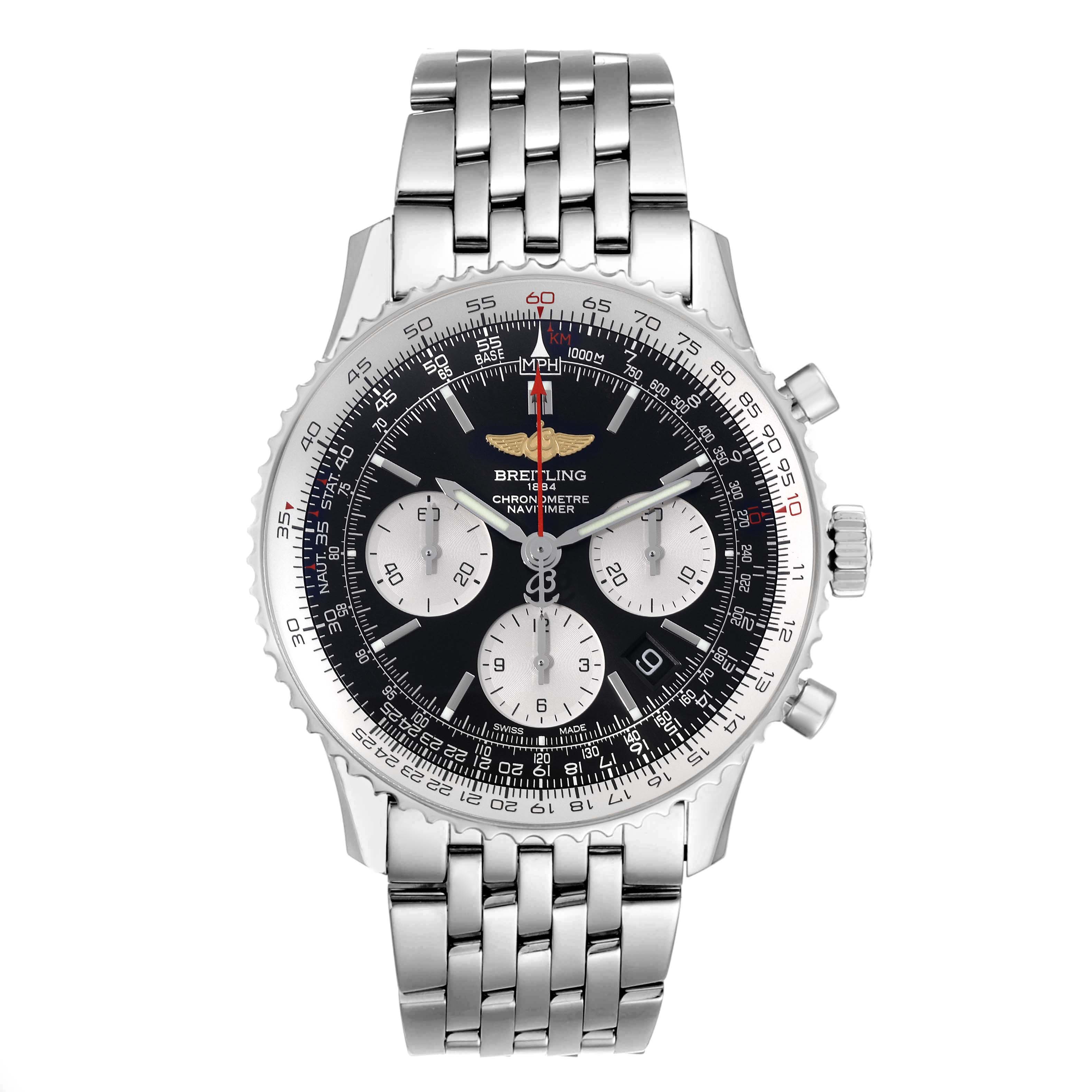 The image shows a front view of a Breitling Navitimer AB0120 Men
s Stainless Steel Black Dial AB0120 Men
s Stainless Steel Black Dial watch with a stainless steel bracelet and black chronograph dial.