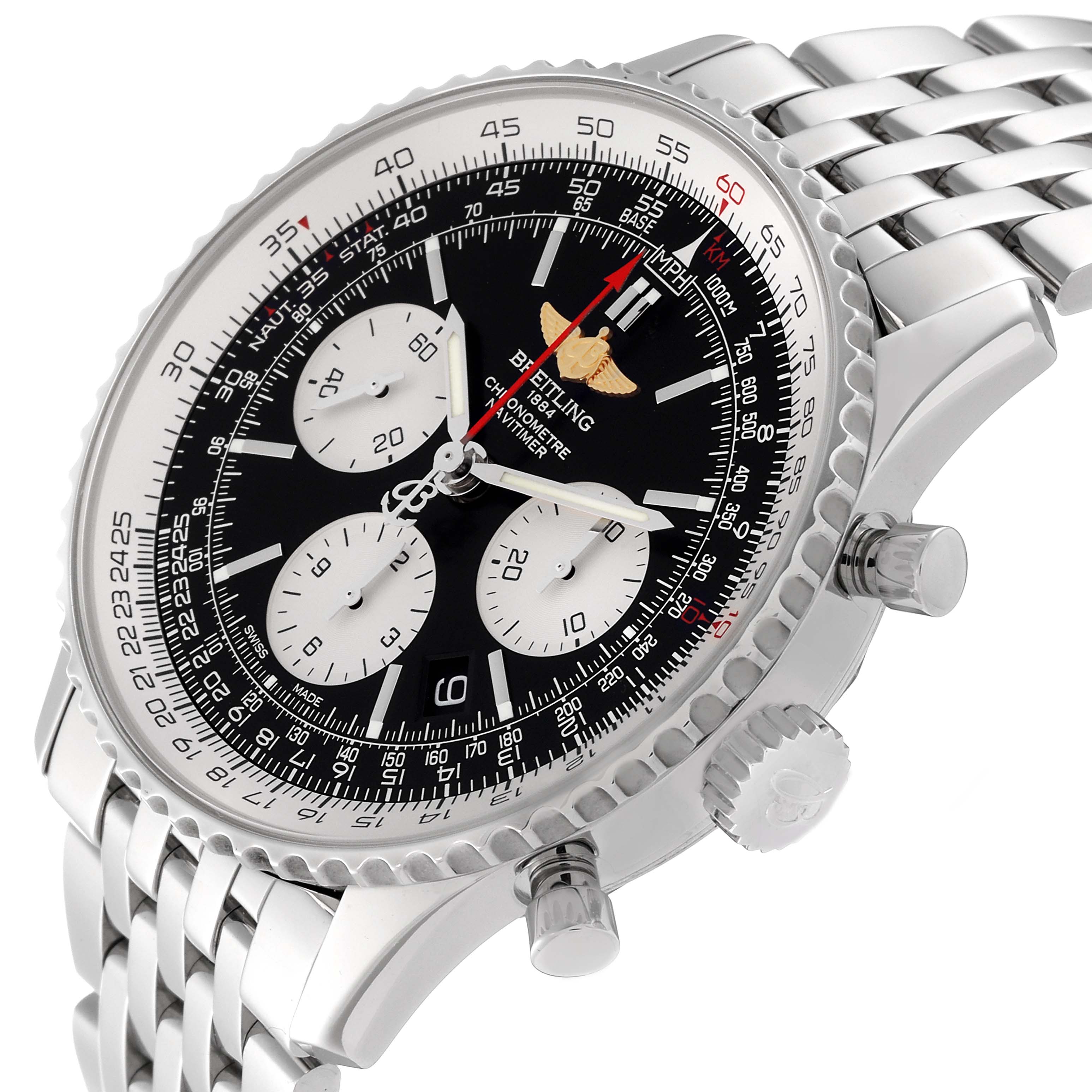 The Breitling Navitimer AB0120 Men
s Stainless Steel Black Dial AB0120 Men
s Stainless Steel Black Dial watch is shown from a slight upper-side angle, displaying the face, bezel, crown, and part of the stainless steel bracelet.
