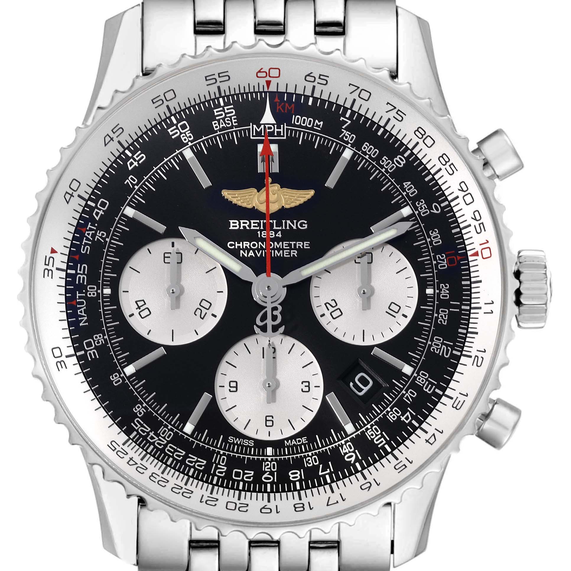The image shows a front view of a Breitling Navitimer AB0120 Men
s Stainless Steel Black Dial AB0120 Men
s Stainless Steel Black Dial watch, displaying the dial, bezel, chronograph subdials, and parts of the bracelet.