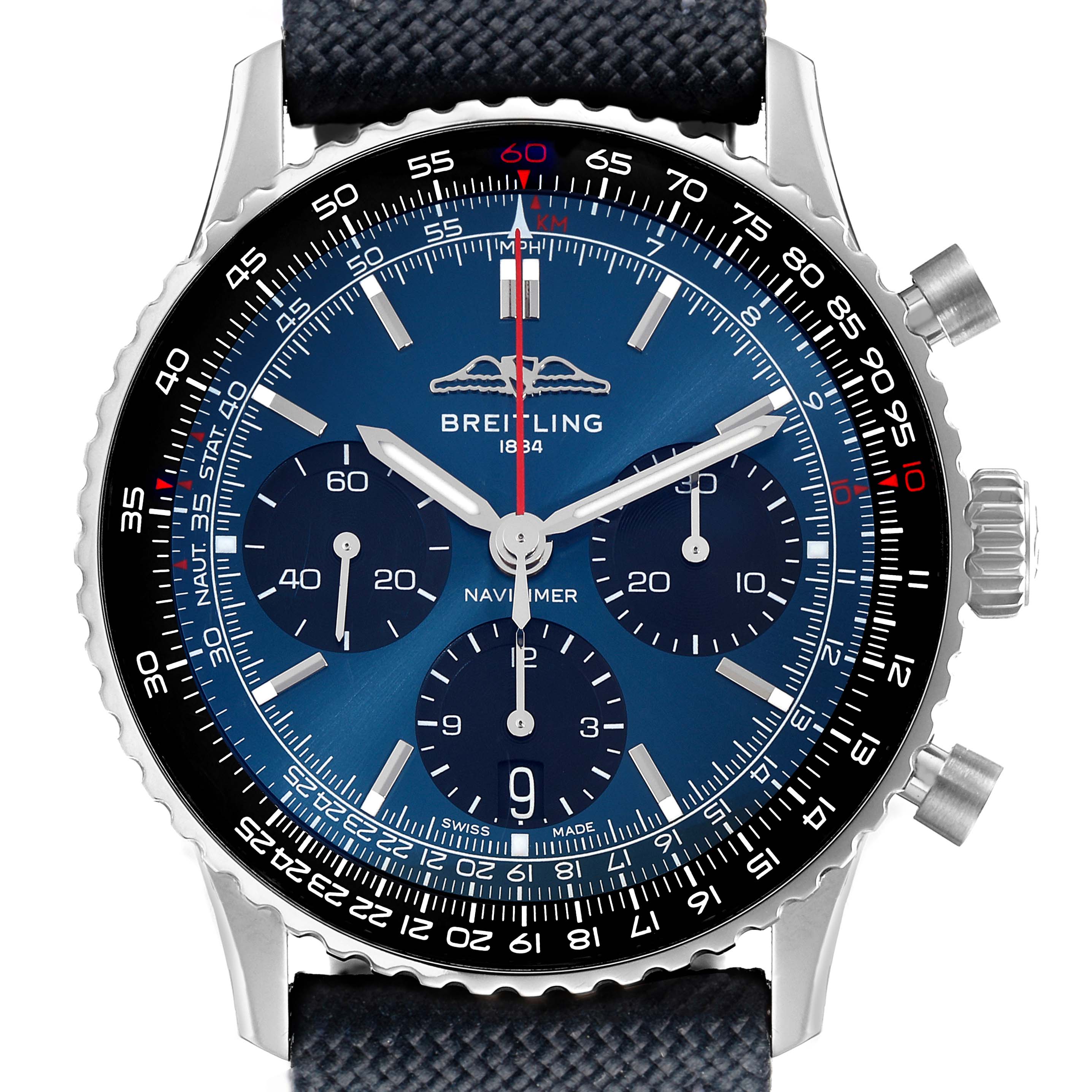 The Breitling Navitimer model AB0139241C1P1 is shown from a front angle, highlighting the blue dial, rotating bezel, subdials, and textured strap.