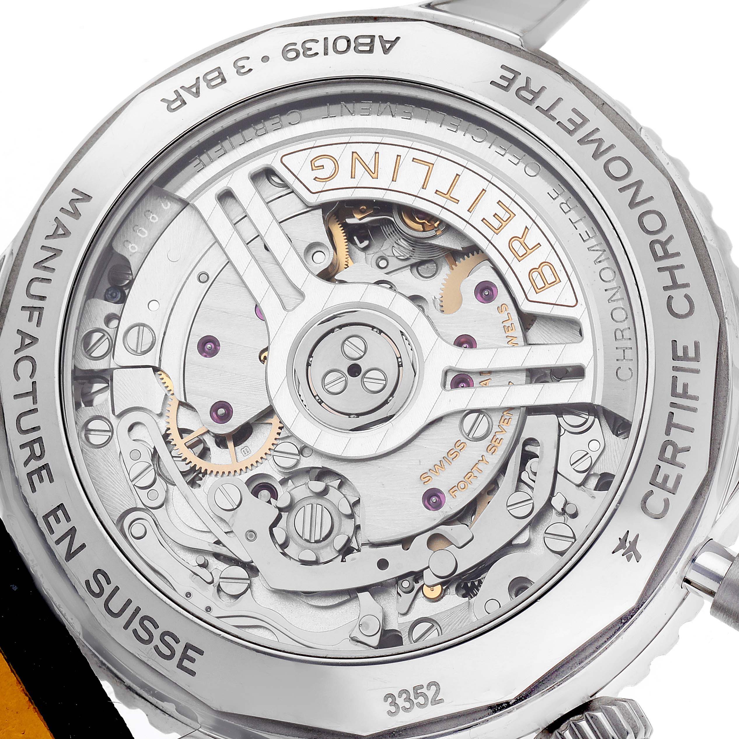 The image shows the back of the Breitling Navitimer model AB0139241C1P1, highlighting the intricate mechanical movement and engravings.