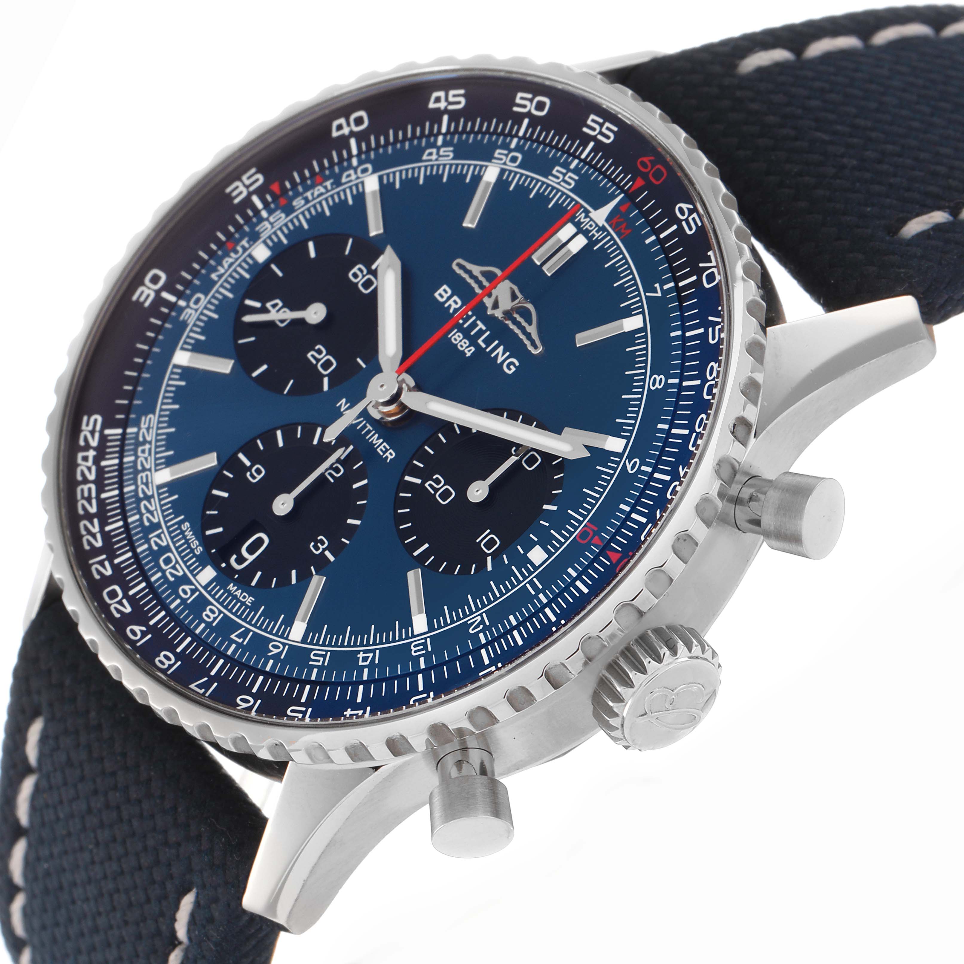 The Breitling Navitimer AB0139241C1P1 men
s watch is shown at an angled view highlighting the blue dial, chronograph subdials, pushers, crown, and stitched strap.