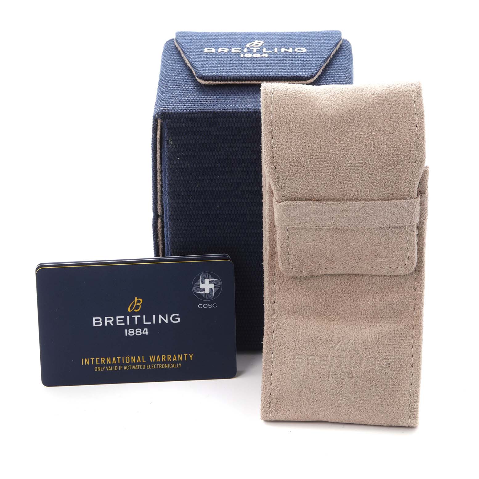 The image shows accessories for the Breitling Navitimer model AB0139241C1P1, including a blue box, tan pouch, and an international warranty card.