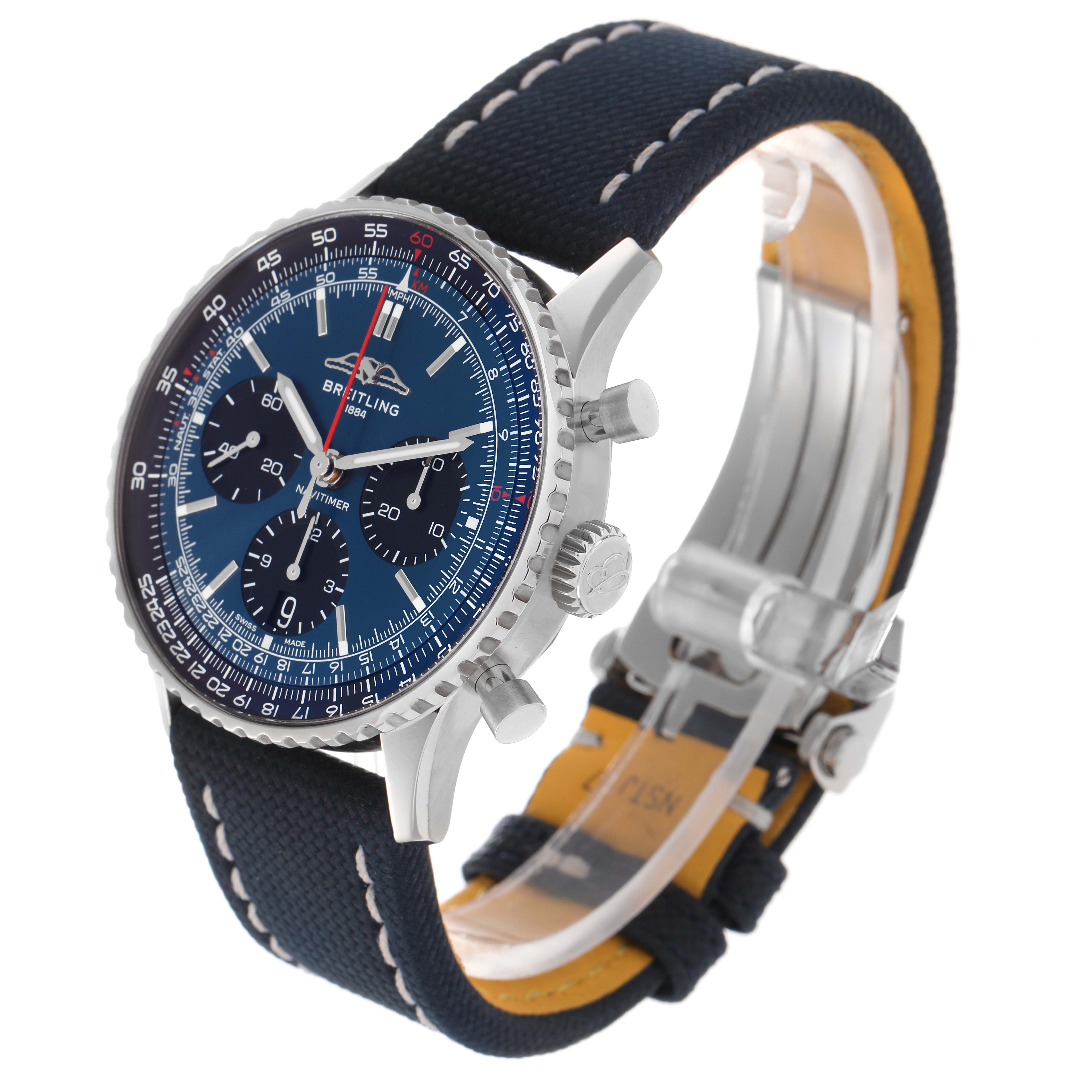 The Breitling Navitimer AB0139241C1P1 is shown in a side angle highlighting the blue dial, chronograph subdials, and textured bezel, with a navy strap and clasp visible.
