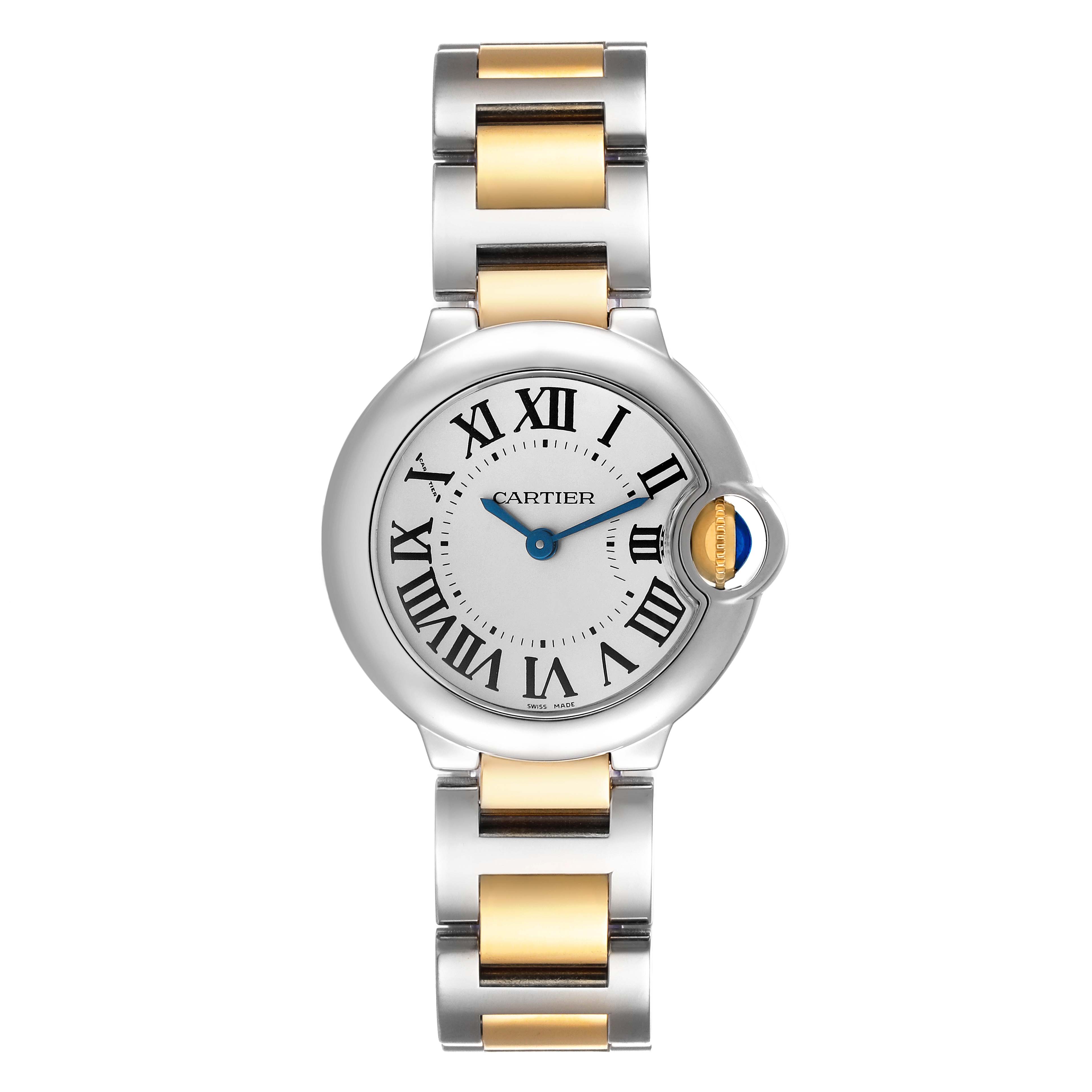 The Ballon Bleu model by Cartier is shown from a front angle, highlighting its dial, casing, and two-tone bracelet.