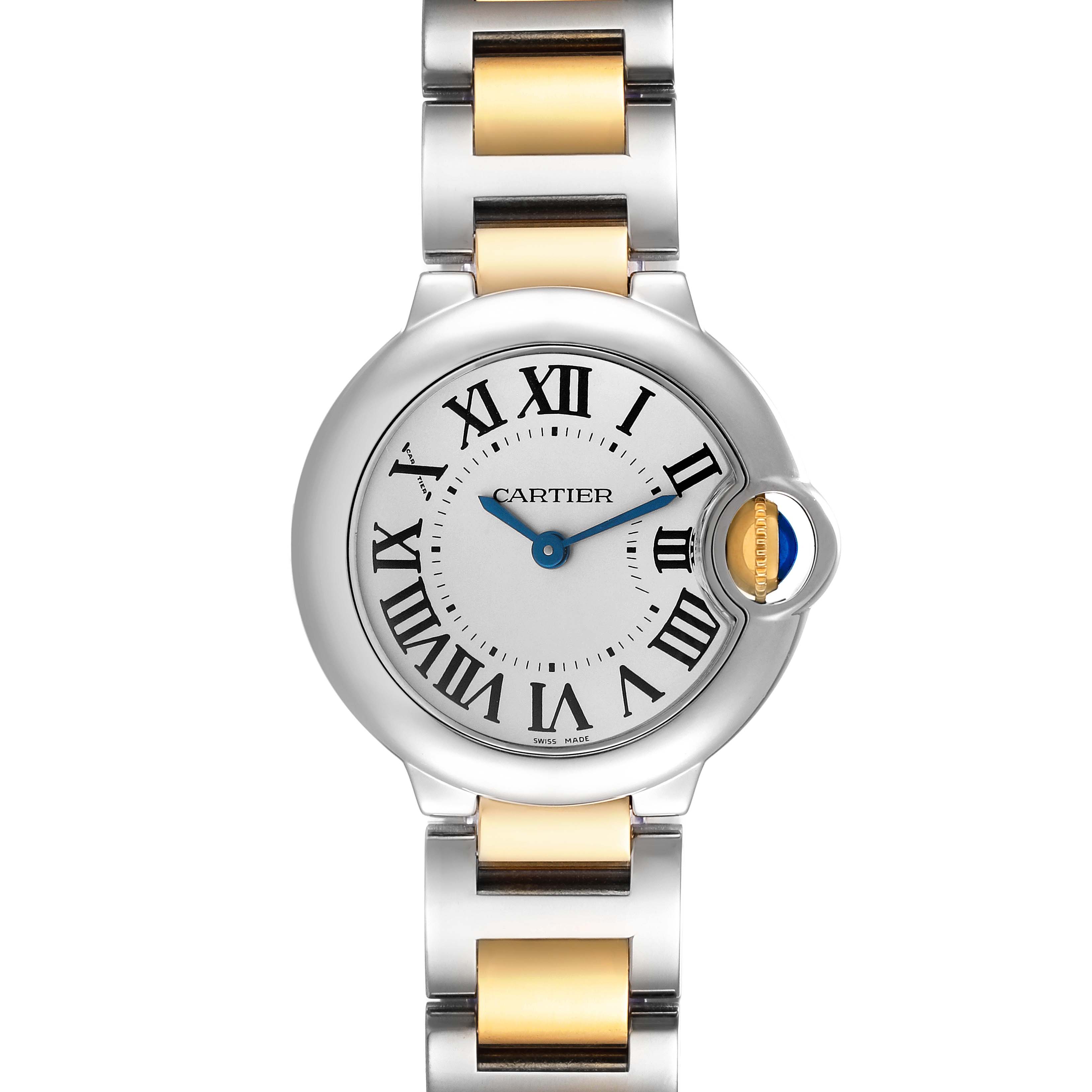 The image shows a front view of a Cartier Ballon Bleu W69007Z3 Women
s Steel and Gold (two tone) Silver Dial W69007Z3 Women
s Steel and Gold (two tone) Silver Dial watch, highlighting its dial, blue hands, Roman numerals, and metal bracelet.