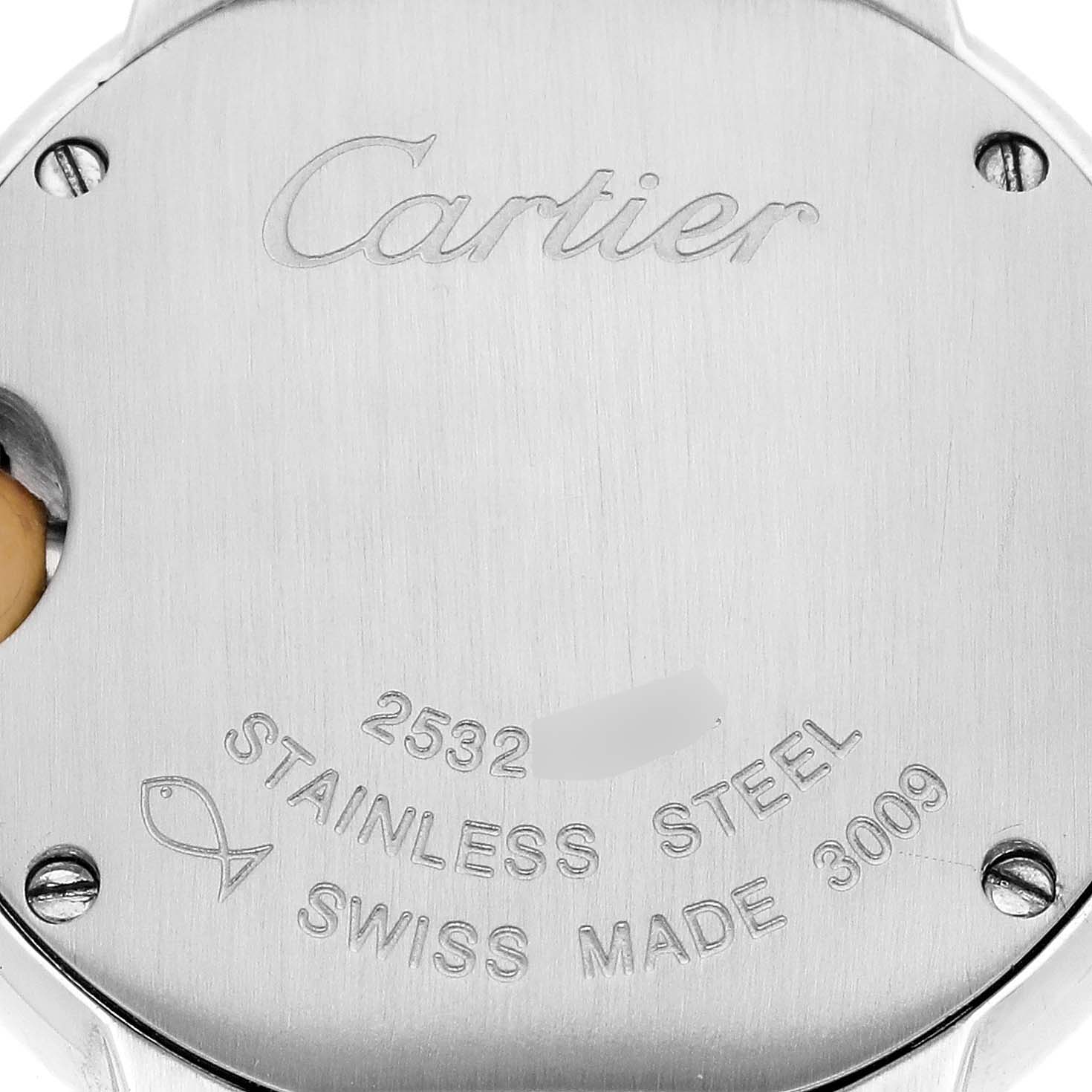 This image shows the stainless steel back case of a Cartier Ballon Bleu W69007Z3 Women
s Steel and Gold (two tone) Silver Dial W69007Z3 Women
s Steel and Gold (two tone) Silver Dial model watch.