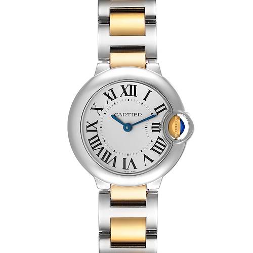 The image shows a front view of the Cartier Ballon Bleu watch, featuring a stainless steel and gold bracelet with a round dial.