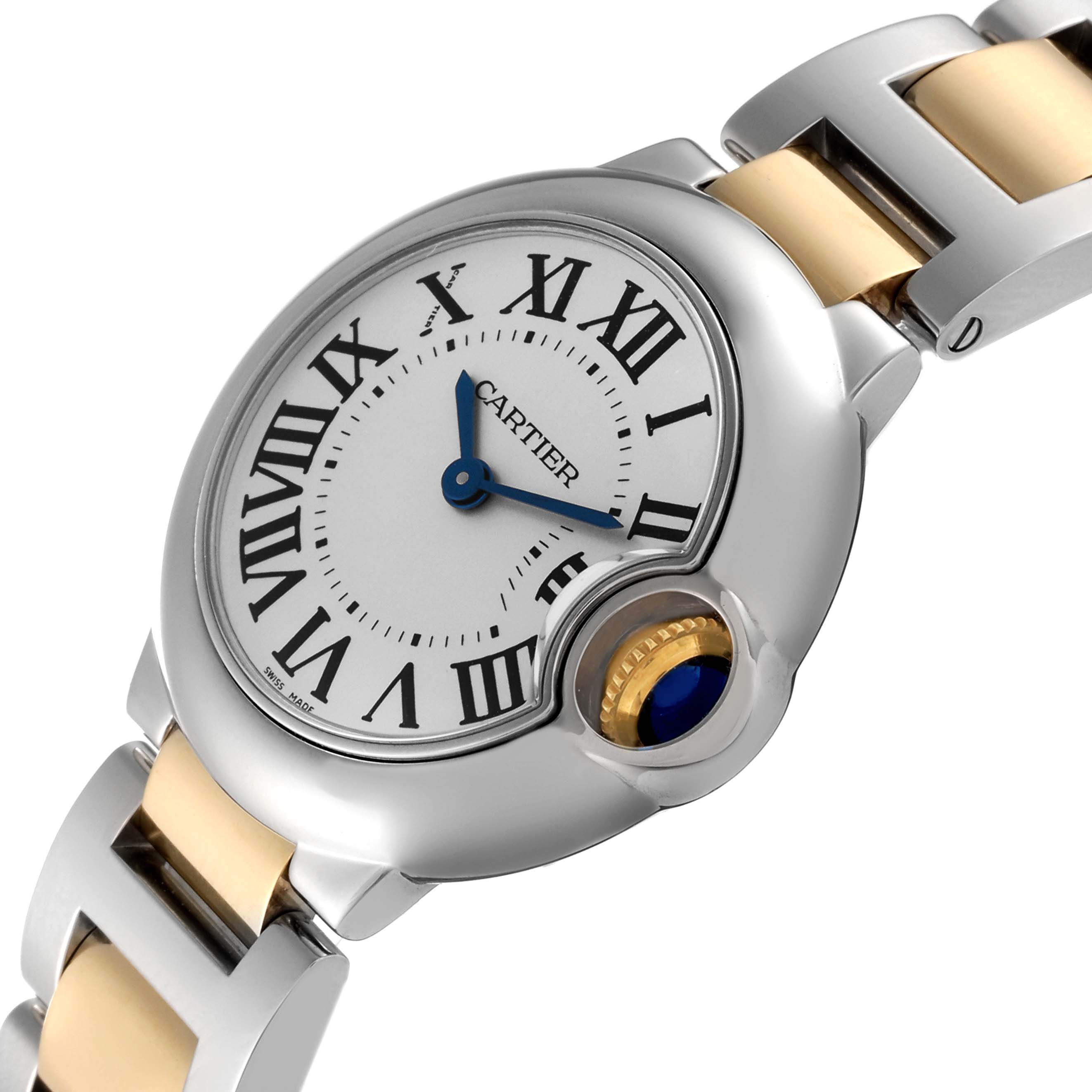 The image shows a Cartier Ballon Bleu W69007Z3 Women
s Steel and Gold (two tone) Silver Dial W69007Z3 Women
s Steel and Gold (two tone) Silver Dial watch in a side-angle view highlighting the face, crown, and part of the bracelet.