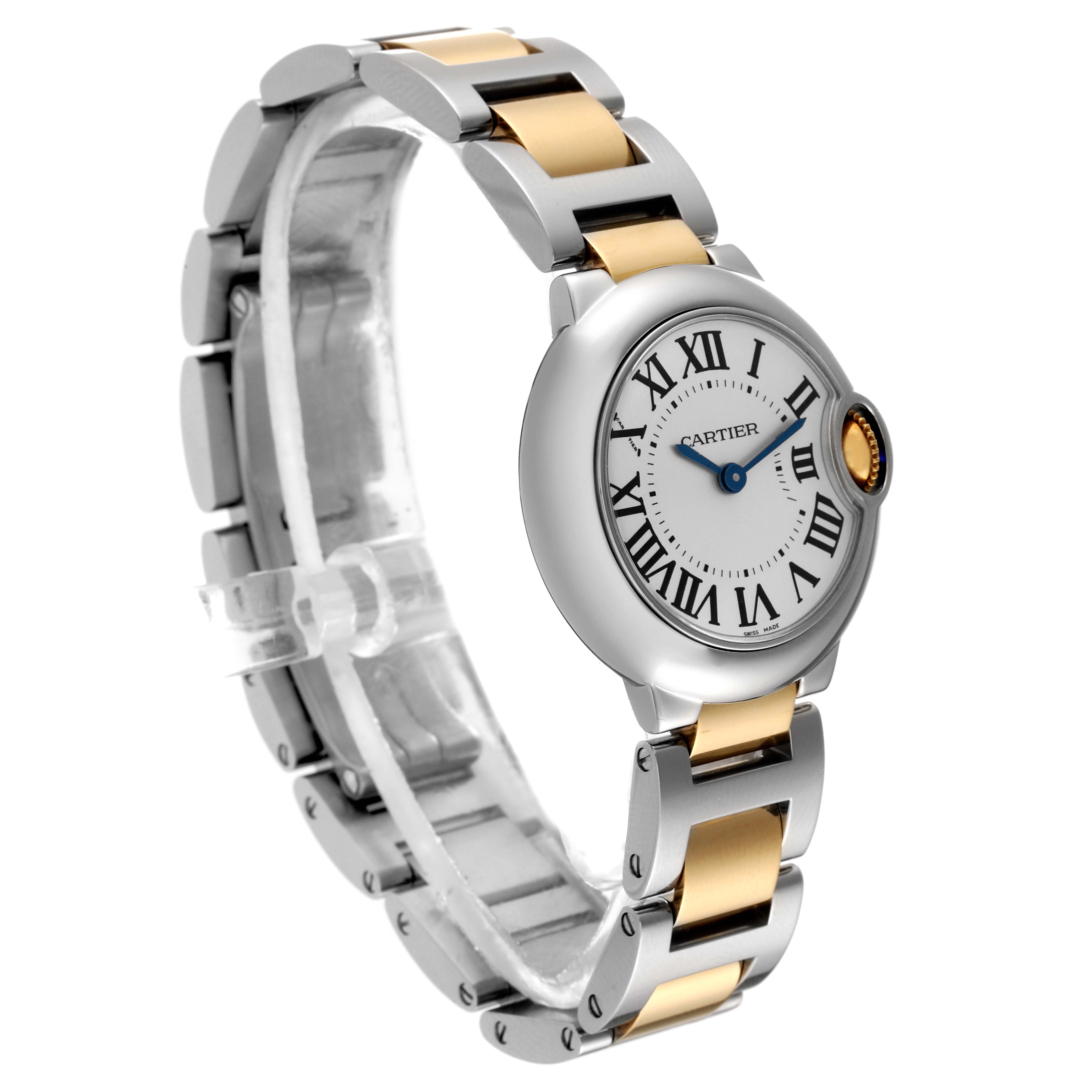 The image shows a Cartier Ballon Bleu W69007Z3 Women
s Steel and Gold (two tone) Silver Dial W69007Z3 Women
s Steel and Gold (two tone) Silver Dial watch at a three-quarter angle, highlighting its face and two-tone metal bracelet.