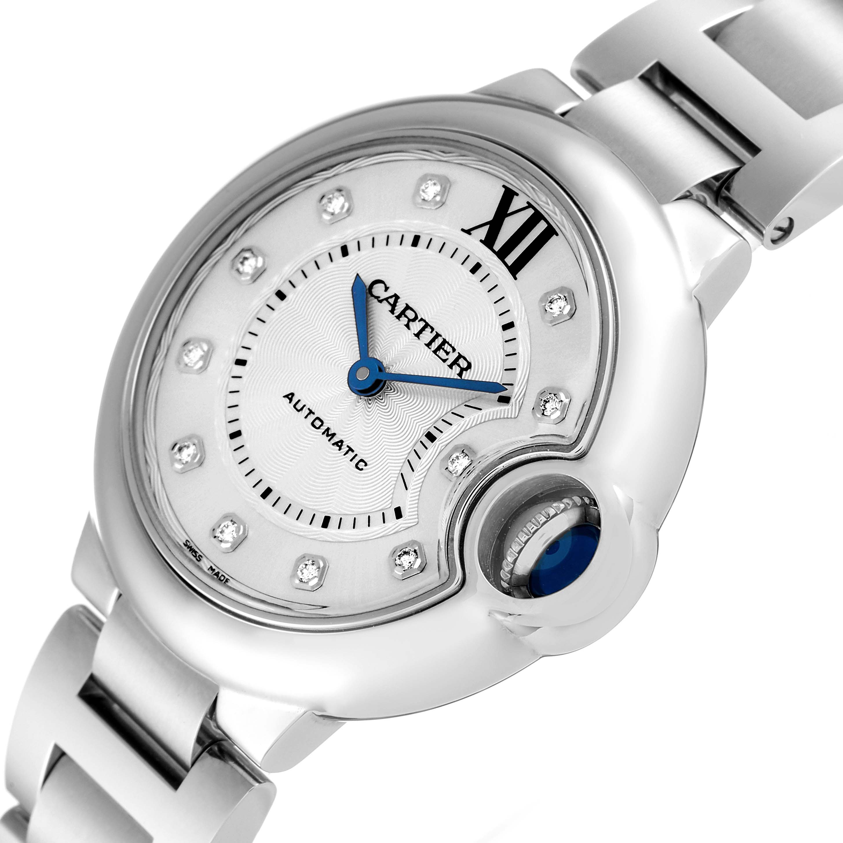 This image shows the dial, bracelet, and crown of the Cartier Ballon Bleu WE902074 Women's Stainless Steel Silver Dial WE902074 Women's Stainless Steel Silver Dial watch at a slight angle.