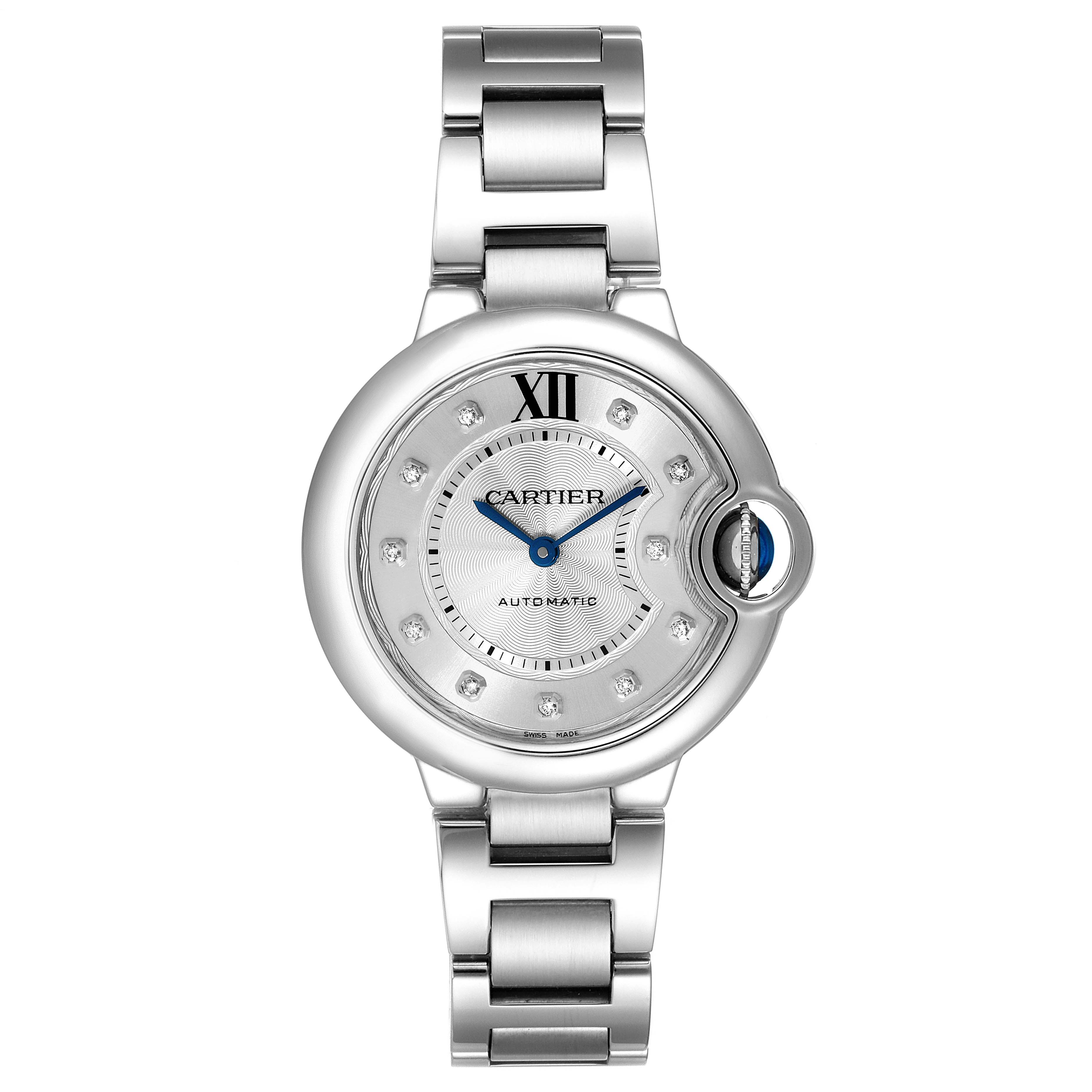 The image shows a top-down view of a Cartier Ballon Bleu WE902074 Women's Stainless Steel Silver Dial WE902074 Women's Stainless Steel Silver Dial watch, featuring its dial, case, and bracelet.