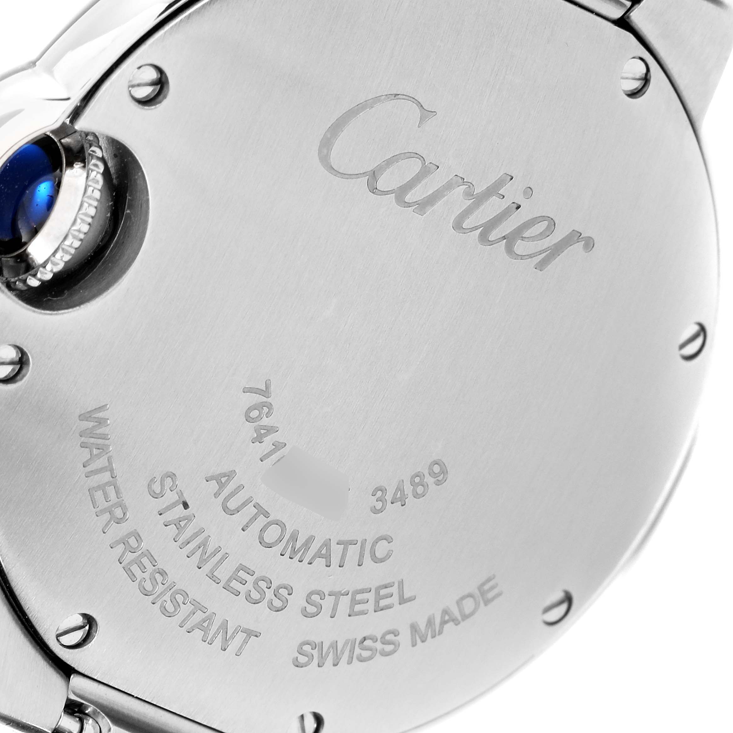 This image shows the back case and crown of the Ballon Bleu model by Cartier.