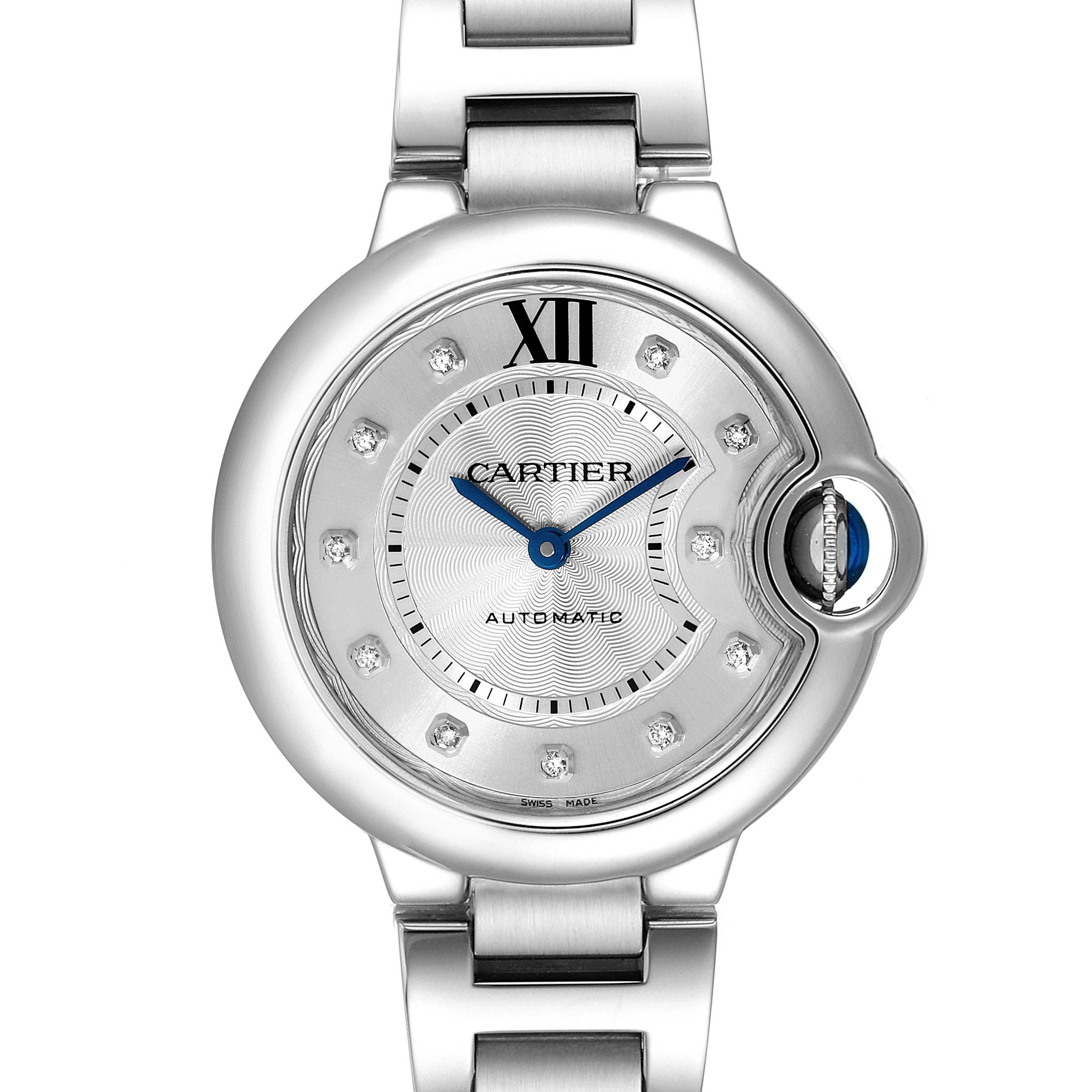 This is a close-up, front-view image of the Cartier Ballon Bleu WE902074 Women's Stainless Steel Silver Dial WE902074 Women's Stainless Steel Silver Dial watch, showcasing its dial, crown, and bracelet.