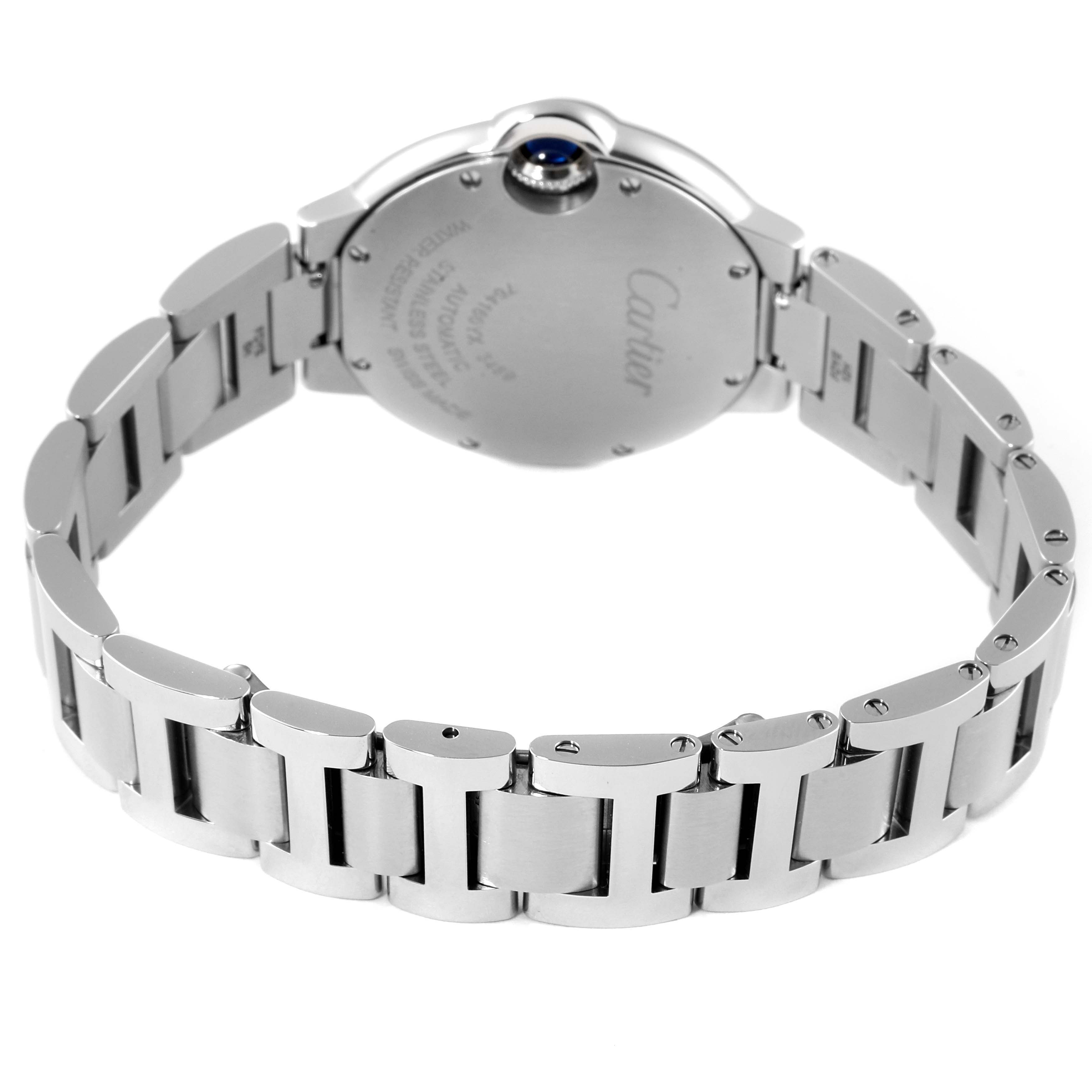 The image shows the back case and stainless steel bracelet of the Ballon Bleu model by Cartier, viewed from the rear.
