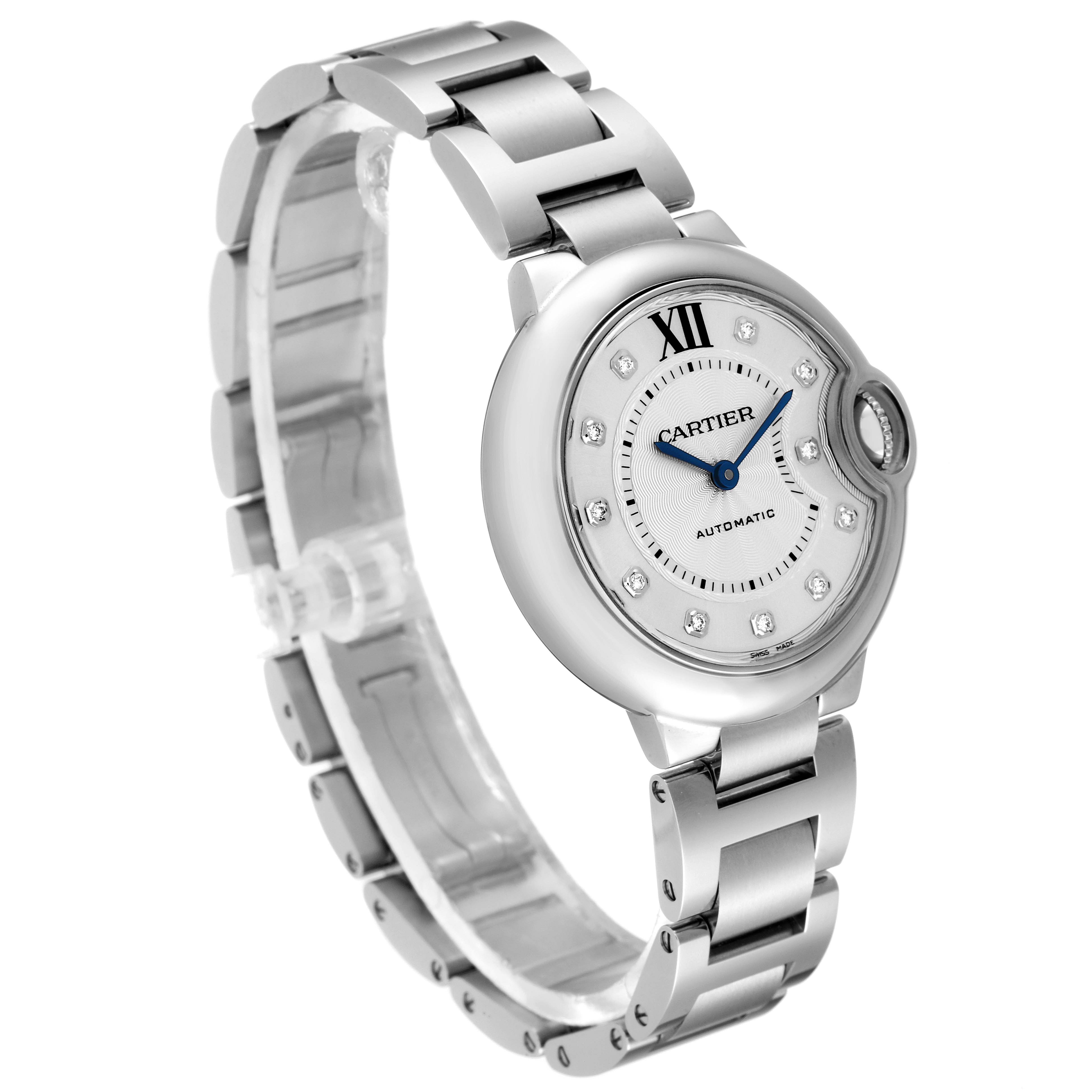 The Ballon Bleu model by Cartier is shown at an angle, displaying its round face, metal bracelet, and blue hands.