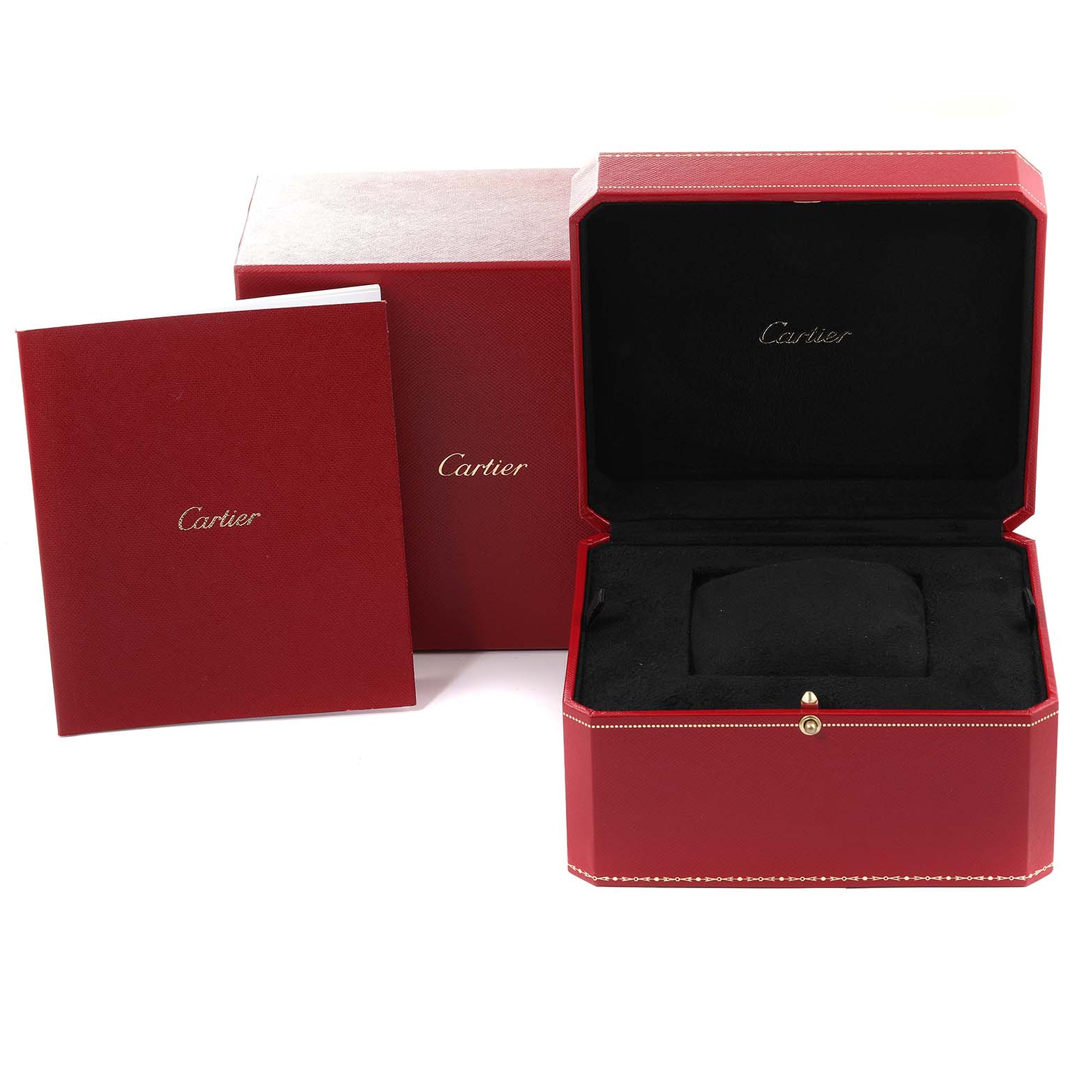 The image shows a Cartier Ballon Bleu WE902074 Women's Stainless Steel Silver Dial WE902074 Women's Stainless Steel Silver Dial watch box, an outer box, and a booklet, all in red.