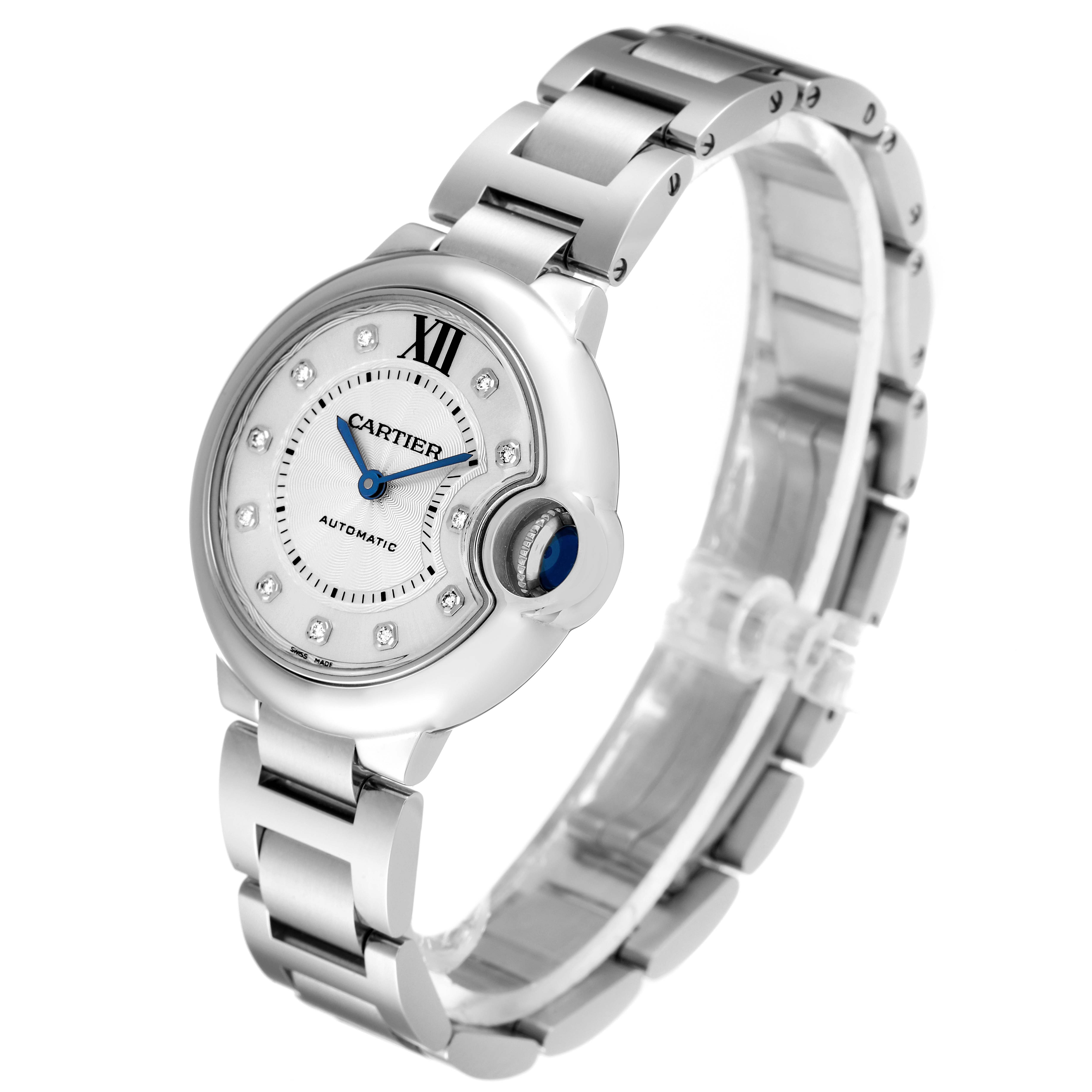 The image shows a front-angle view of the Ballon Bleu watch by Cartier, highlighting the face, bracelet, and signature crown.