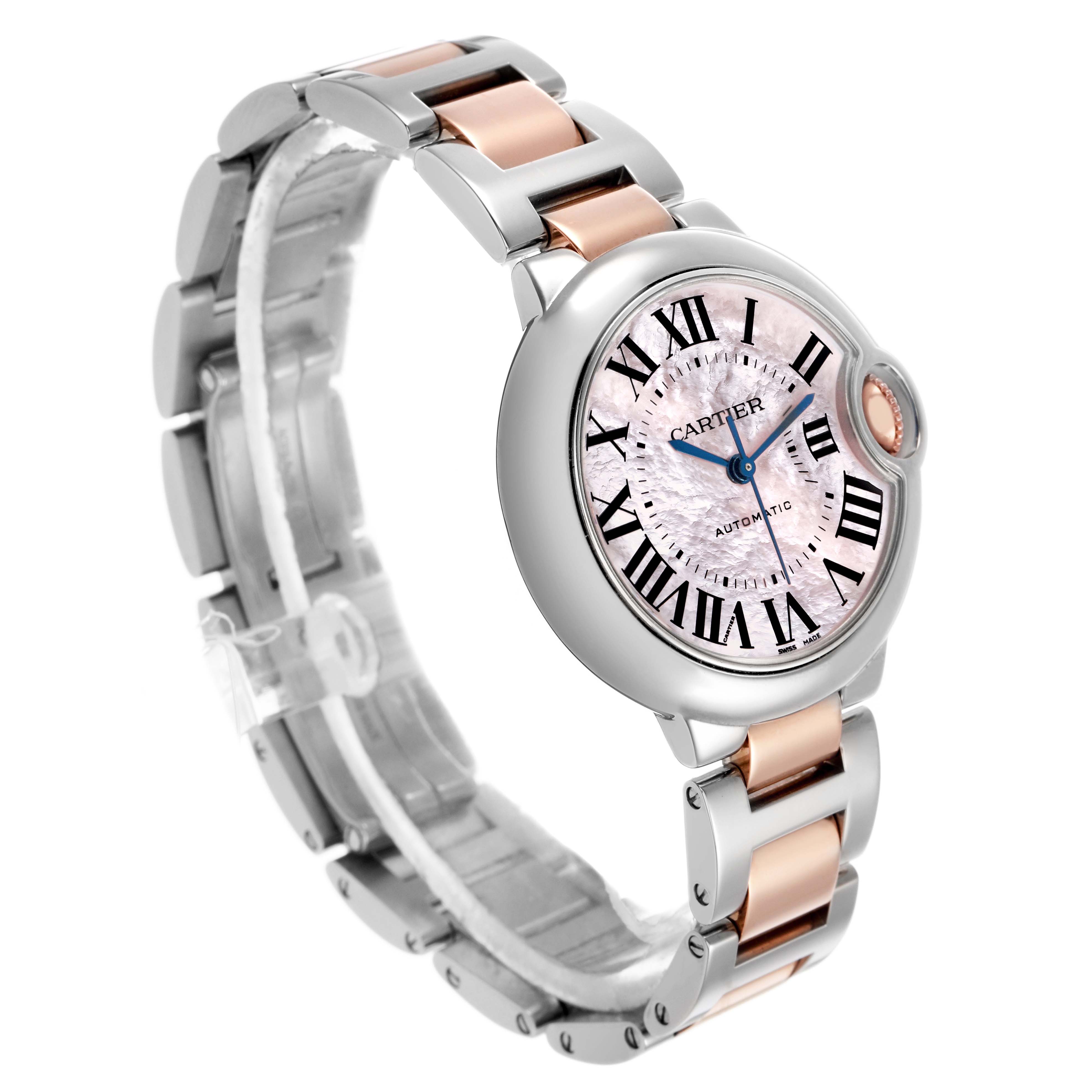 The image shows a Cartier Ballon Bleu W6920070 Women's Stainless Steel Pink Dial watch at a three-quarter angle, highlighting its face, crown, and two-tone metal bracelet.