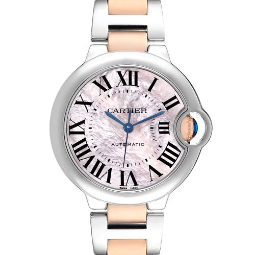 The Cartier Ballon Bleu W6920070 Women's Stainless Steel Pink Dial watch is shown from the front, highlighting its round face, Roman numerals, and distinctive crown.