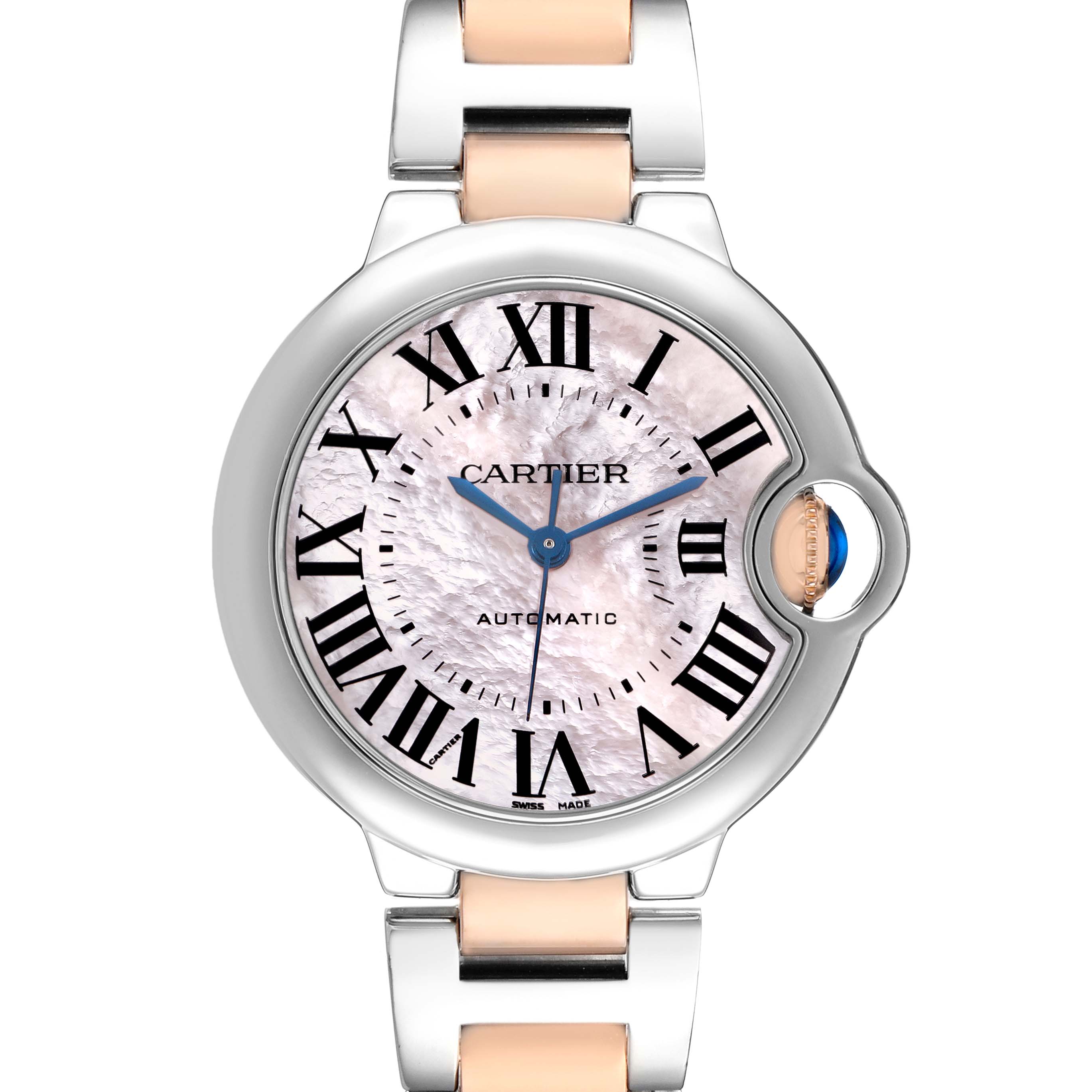 The Cartier Ballon Bleu W6920070 Women's Stainless Steel Pink Dial watch is shown from the front, featuring the face, Roman numerals, and bracelet.