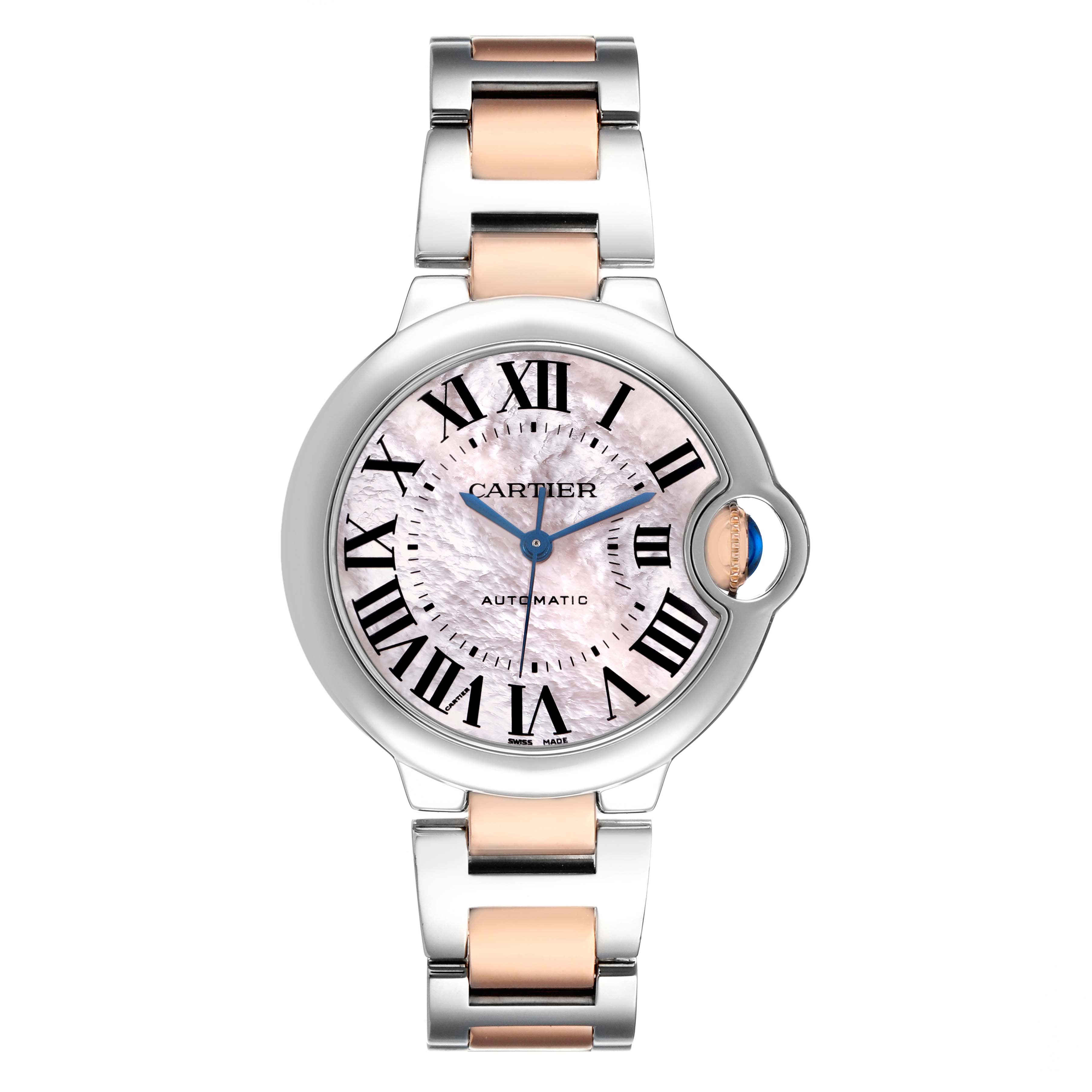 The Cartier Ballon Bleu W6920070 Women's Stainless Steel Pink Dial watch is shown from the front, highlighting the dial, hands, Roman numerals, and bracelet.