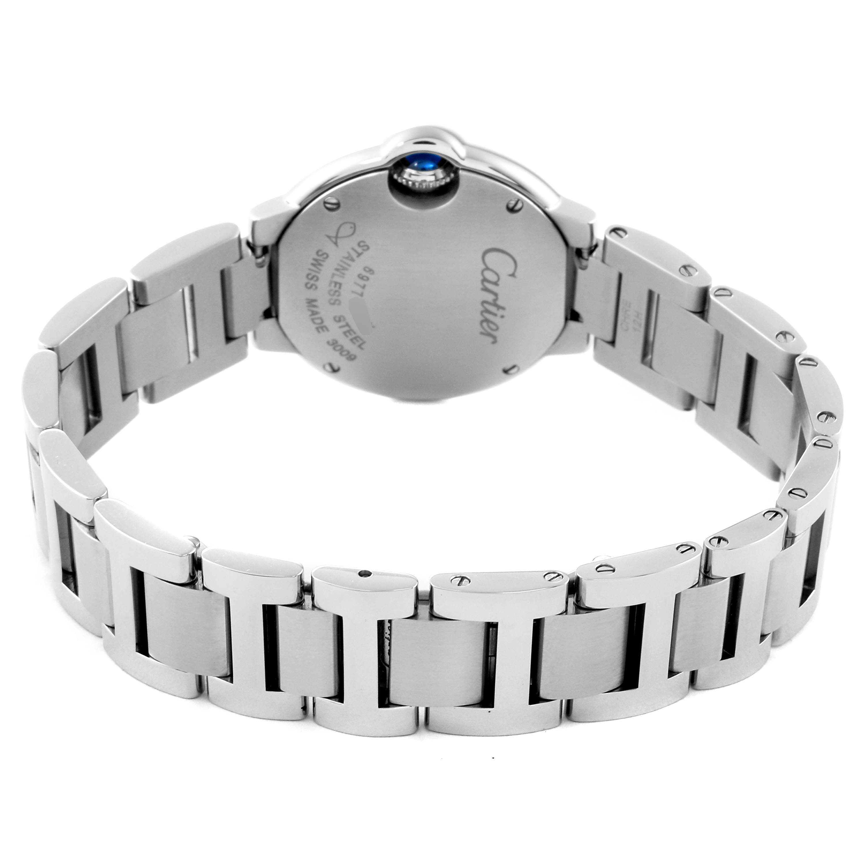 The image shows the back and bracelet of a Cartier Ballon Bleu W69010Z4 Women's Stainless Steel Silver Dial W69010Z4 Women's Stainless Steel Silver Dial watch, highlighting the stainless steel case and blue cabochon crown.