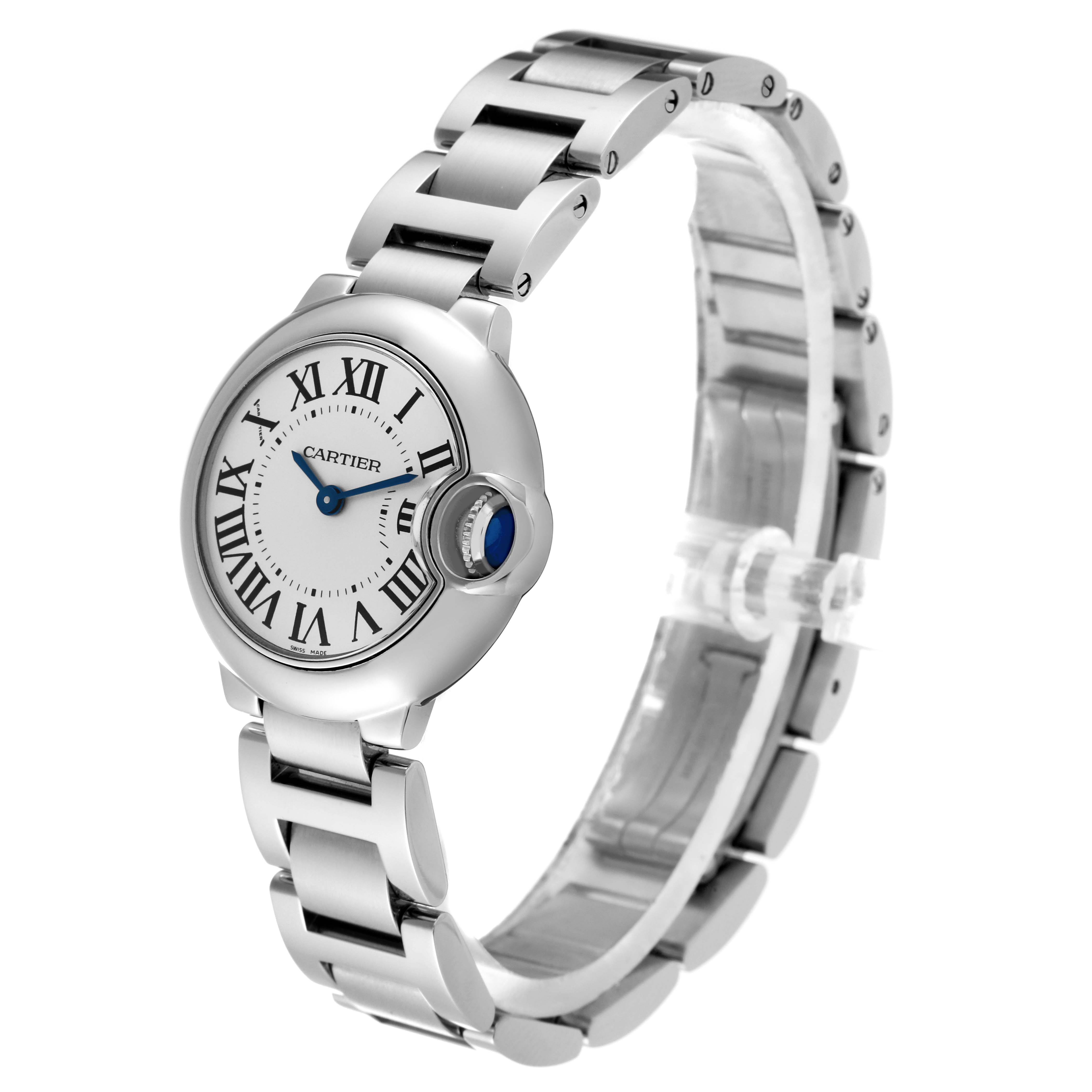 This image shows a Ballon Bleu de Cartier watch at a front angle highlighting the bracelet, dial, and blue sapphire crown.