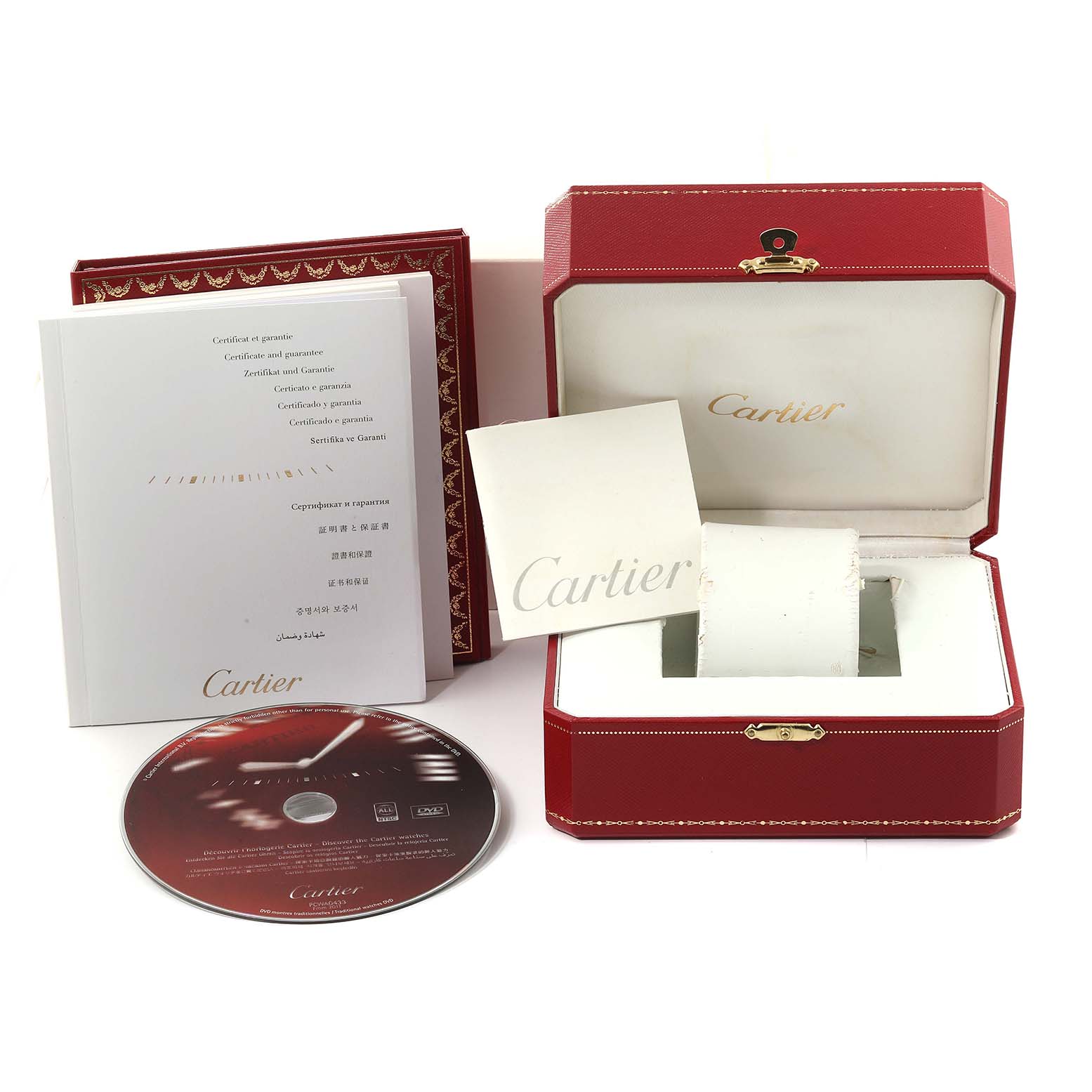 The image shows the packaging, manual, certificate, and storage box for a Cartier Ballon Bleu W69010Z4 Women's Stainless Steel Silver Dial W69010Z4 Women's Stainless Steel Silver Dial watch.