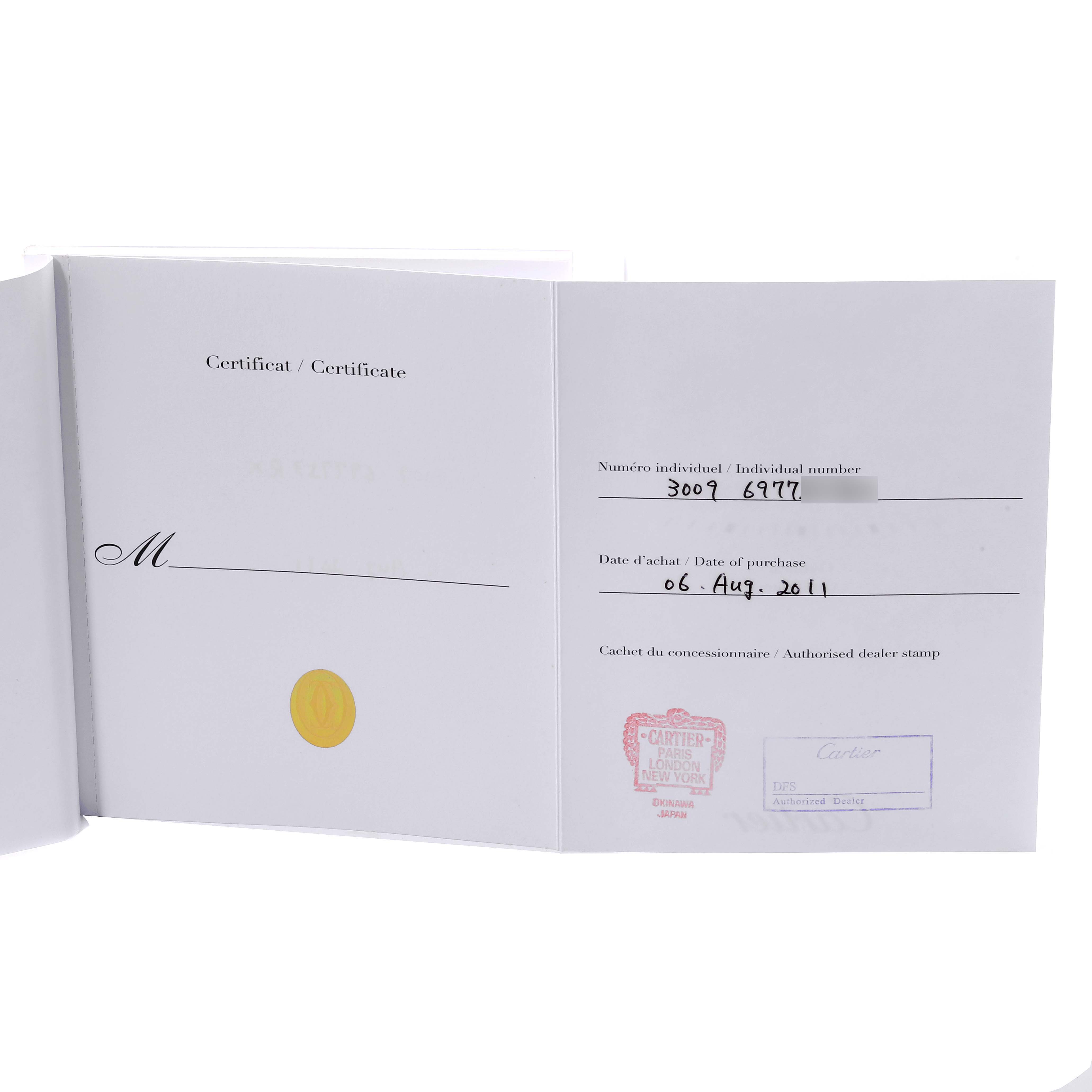 This image shows the certification and warranty papers for a Cartier Ballon Bleu W69010Z4 Women's Stainless Steel Silver Dial W69010Z4 Women's Stainless Steel Silver Dial model watch.