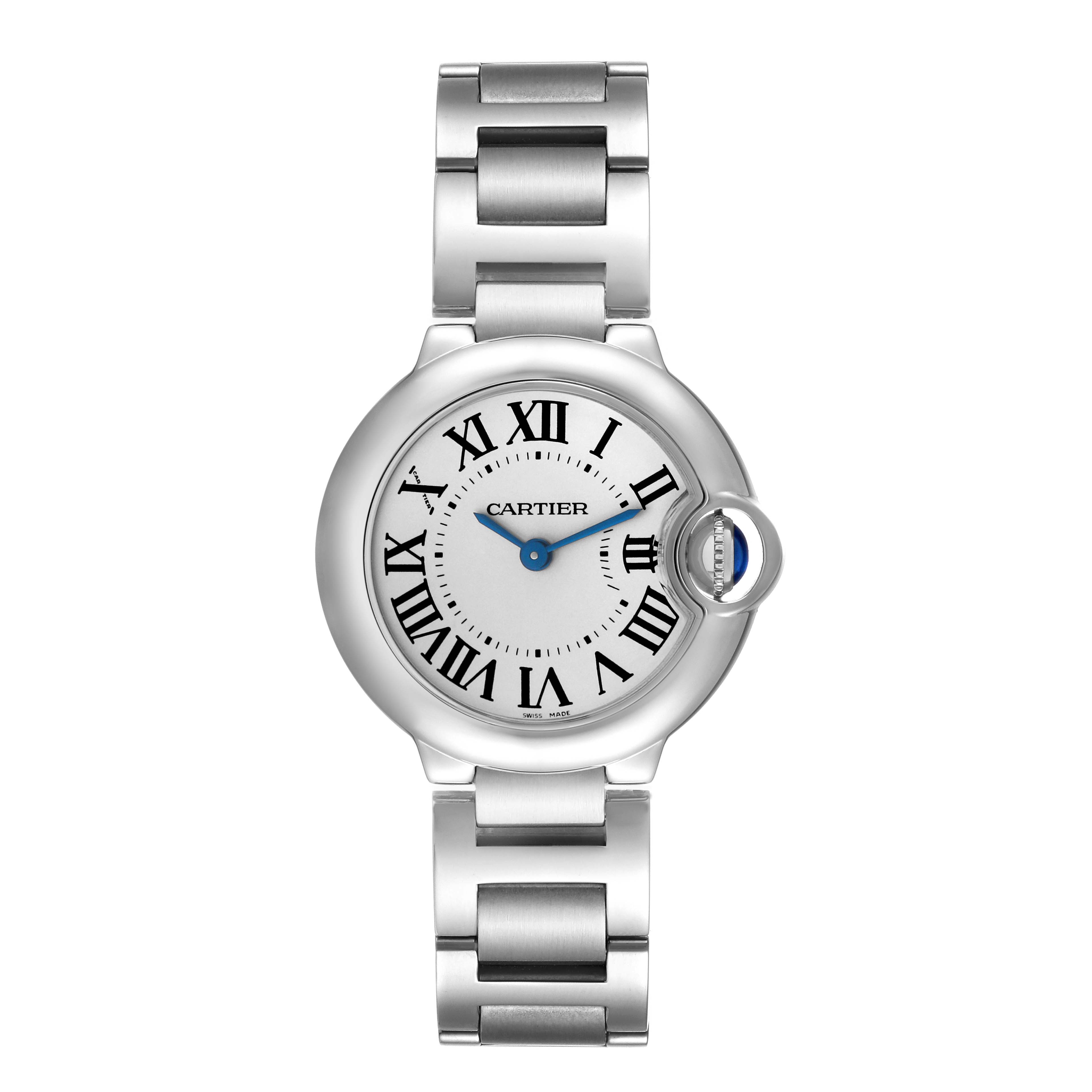 This image shows a front view of the Cartier Ballon Bleu W69010Z4 Women's Stainless Steel Silver Dial W69010Z4 Women's Stainless Steel Silver Dial watch, highlighting its dial, Roman numerals, hands, and metal bracelet.