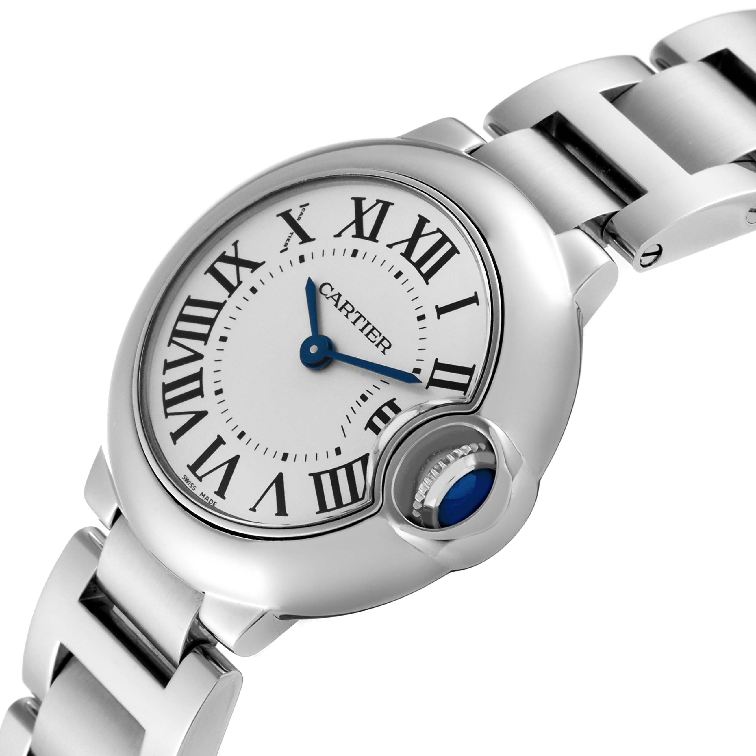 The image shows the face and part of the bracelet of the Cartier Ballon Bleu W69010Z4 Women's Stainless Steel Silver Dial W69010Z4 Women's Stainless Steel Silver Dial watch at a slight angle.
