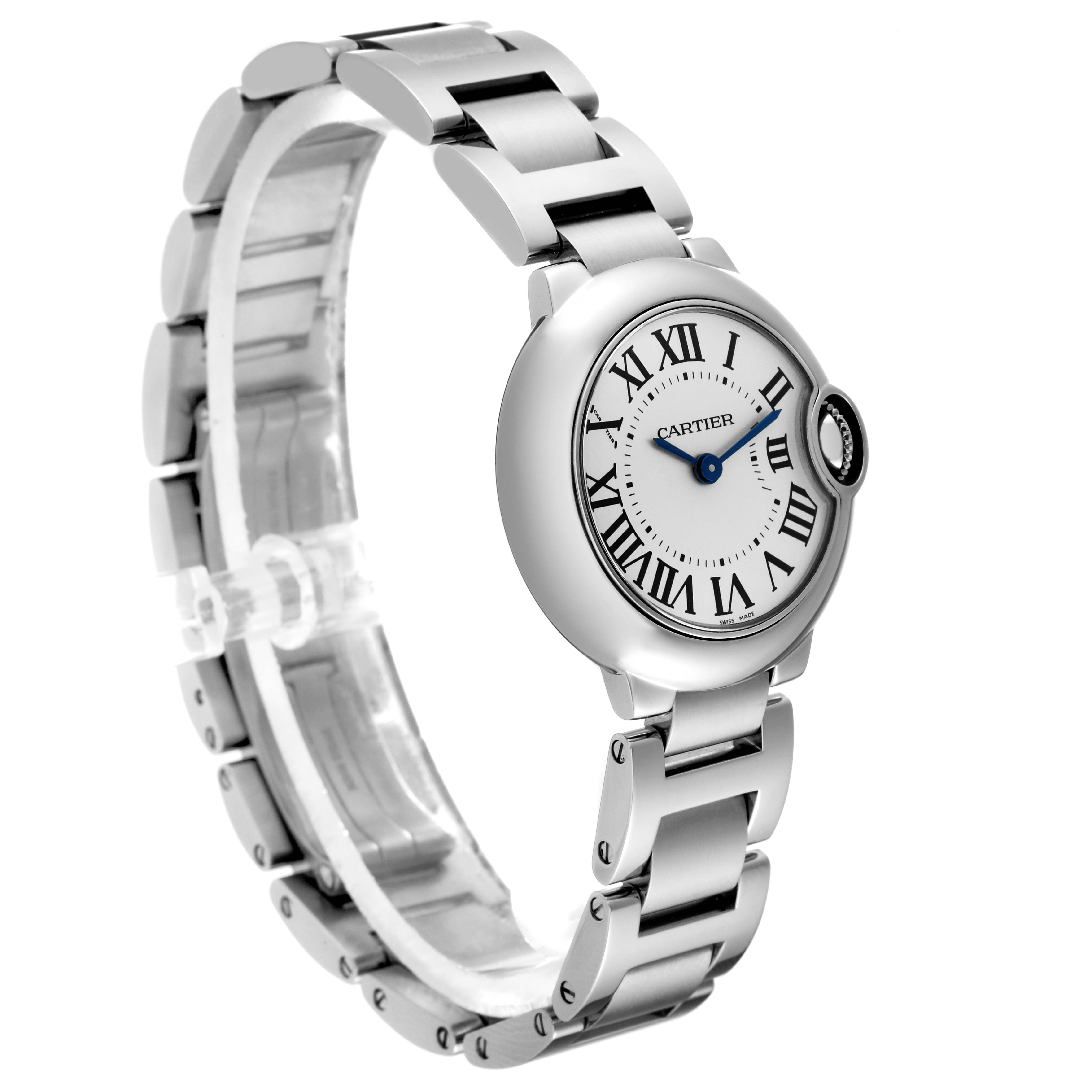 The image shows a side angle view of a Ballon Bleu de Cartier watch, highlighting its bracelet, dial, and crown.