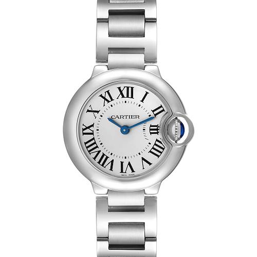 The image shows a front view of a Cartier Ballon Bleu watch, displaying its dial, Roman numerals, and metal bracelet.