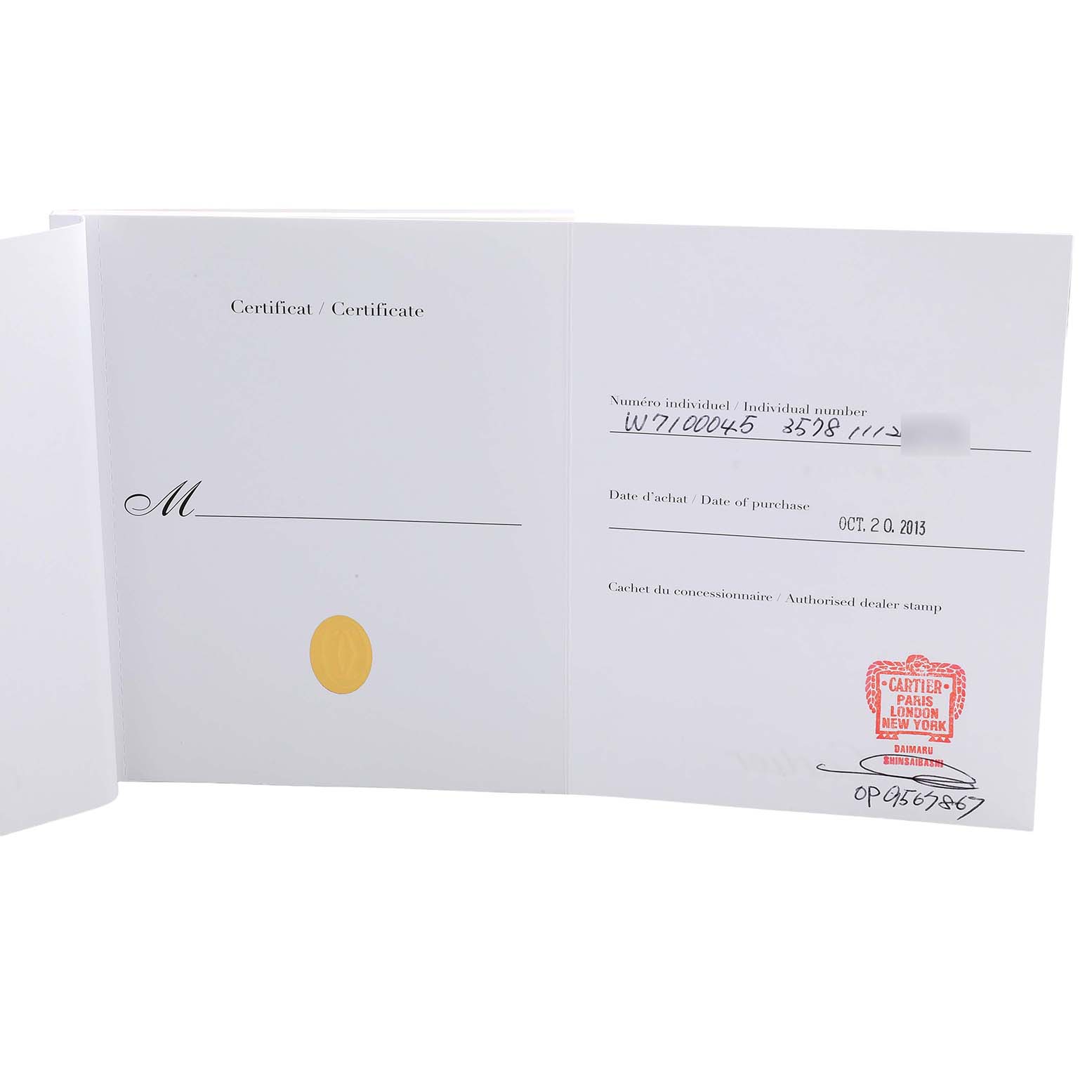 The image shows a certificate for the Calibre de Cartier watch by Cartier, displaying handwritten details and a dealer stamp.
