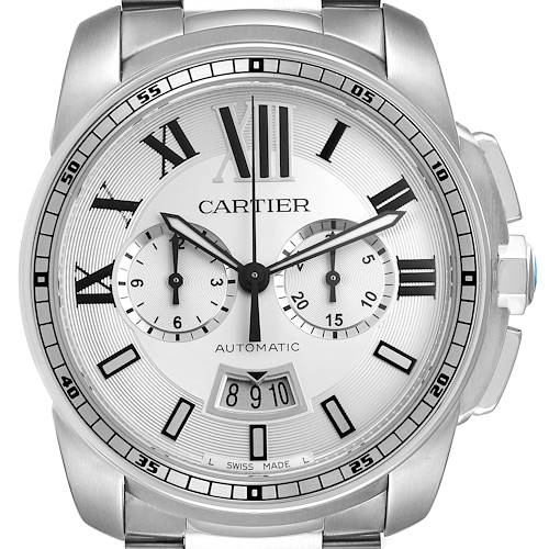 The Calibre de Cartier watch is shown from a front angle, highlighting the dial, Roman numerals, subdials, and date window.