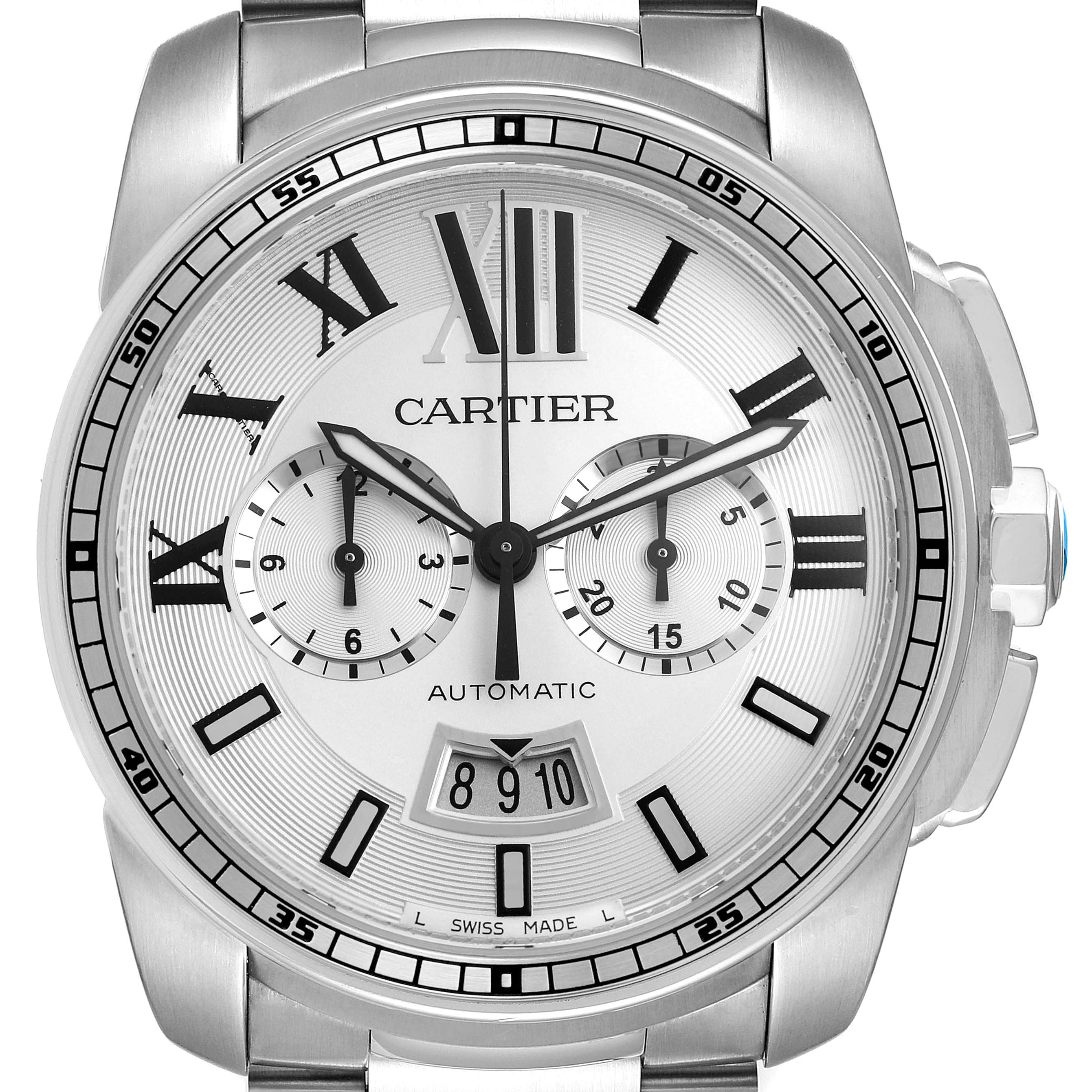 The Calibre de Cartier watch is shown from a front angle, highlighting its dial, subdials, and date window.
