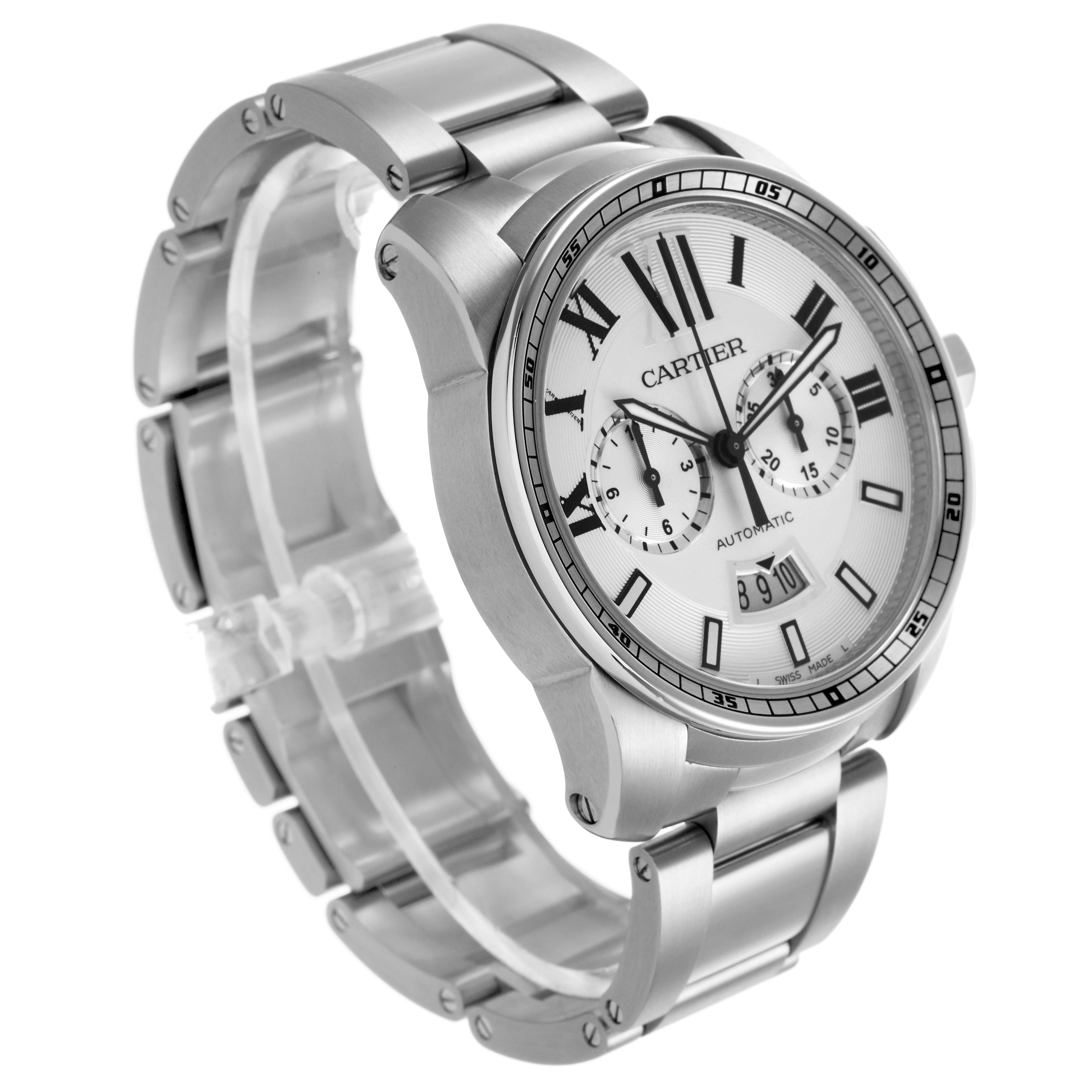 The image shows a Calibre de Cartier watch at a three-quarter angle, displaying the dial, bezel, chronograph subdials, and bracelet.