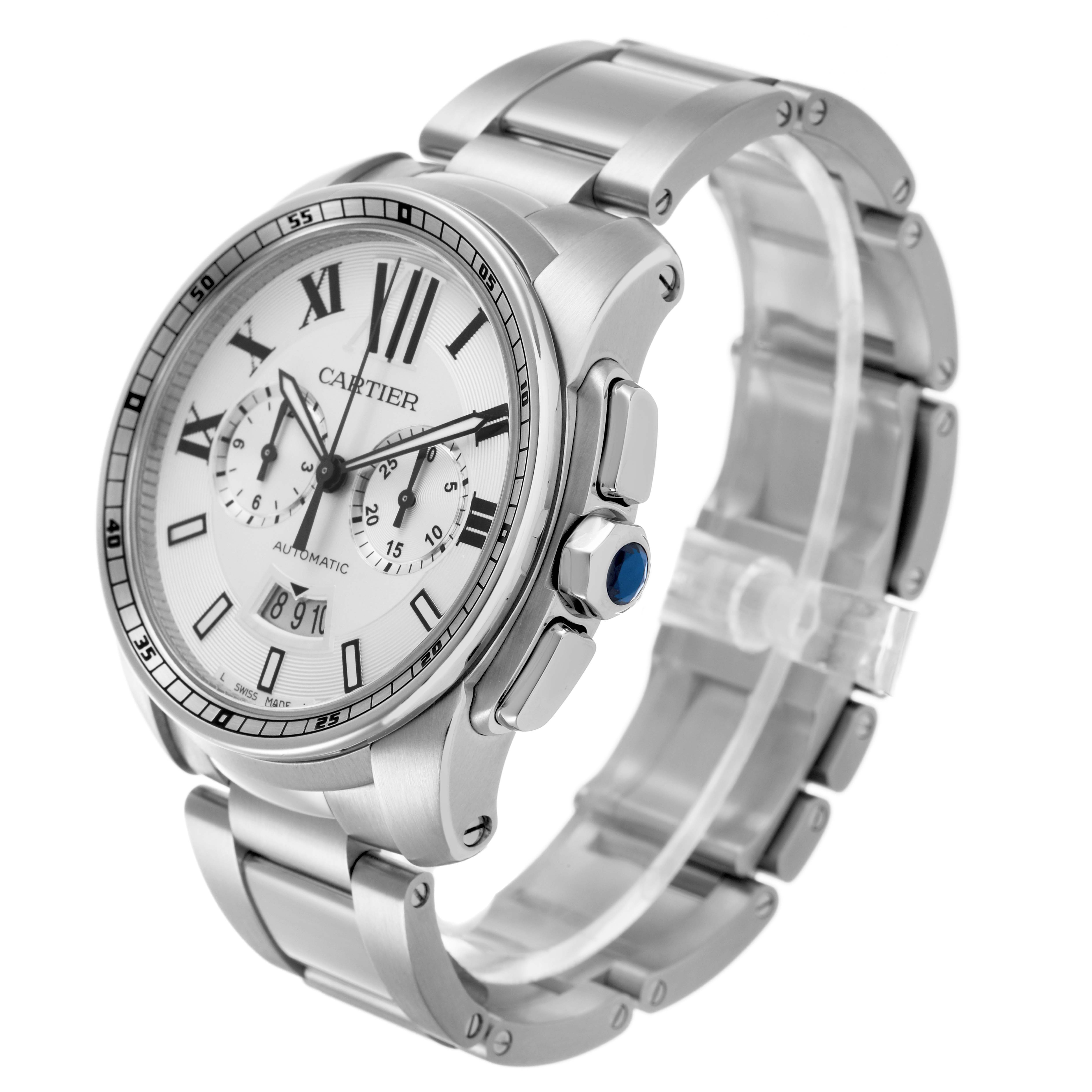 The Calibre de Cartier watch is shown at a three-quarter angle, highlighting the face, crown, and full bracelet.