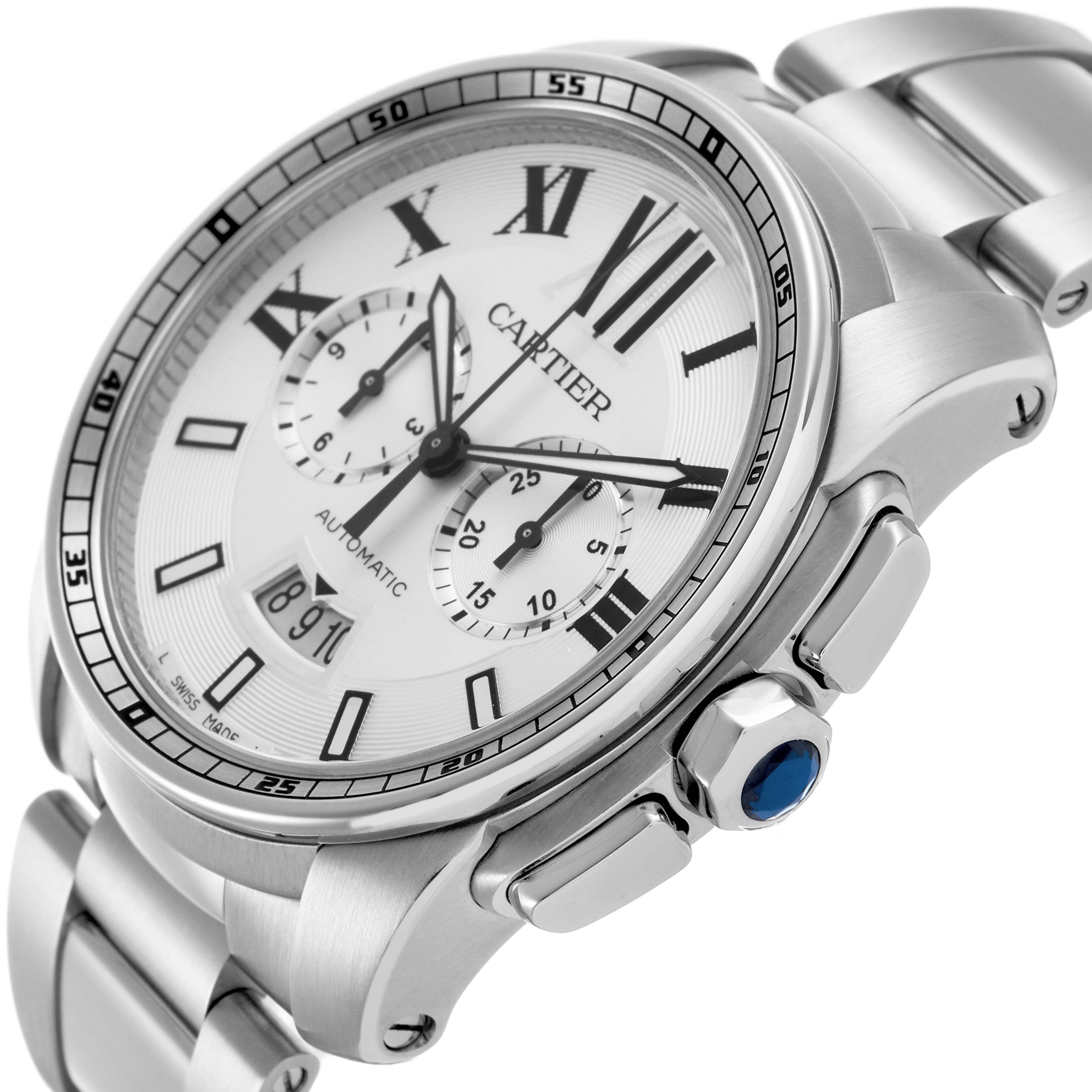 The Calibre de Cartier watch is shown at an angled view, highlighting the dial, bezel, and crown with a visible bracelet.