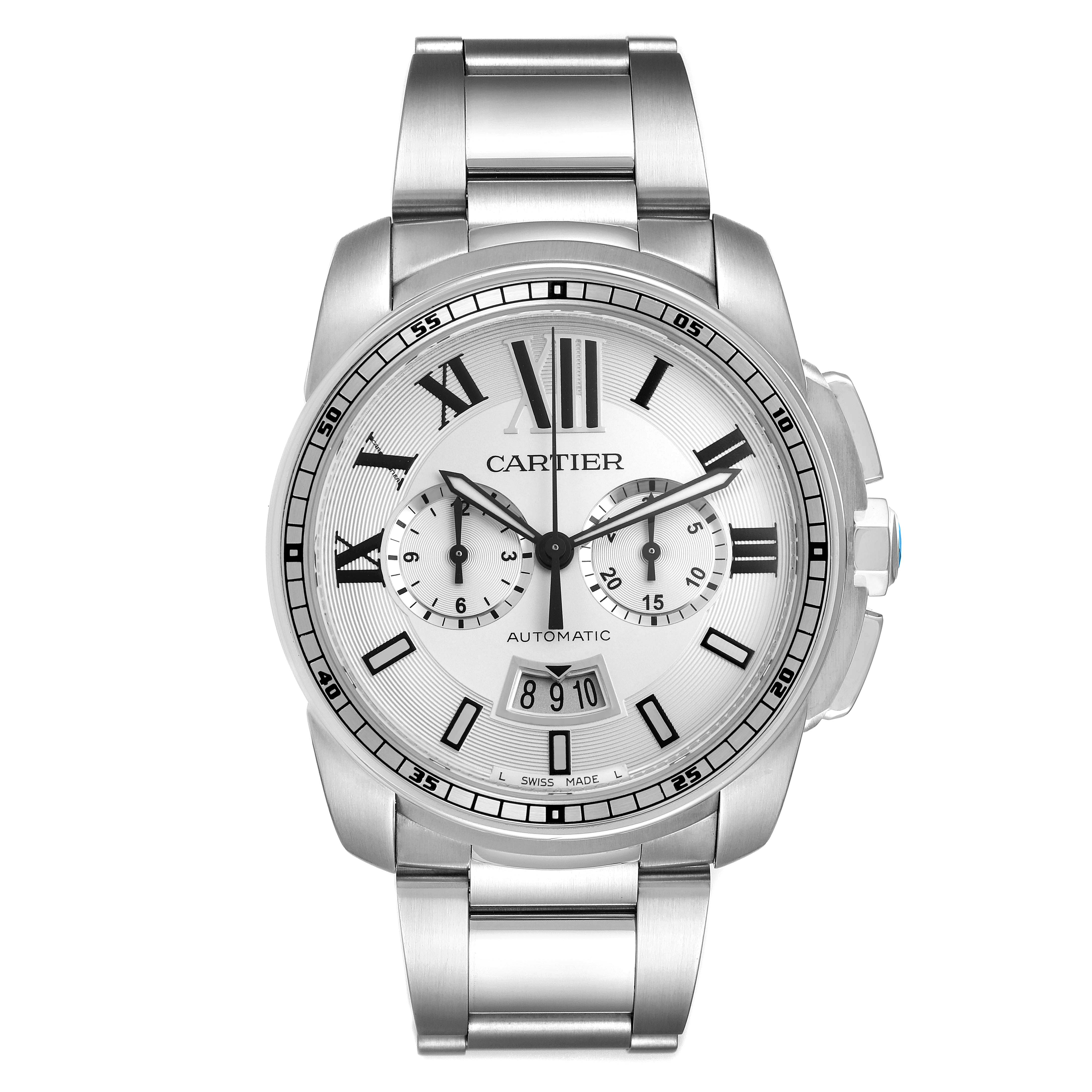 The Calibre de Cartier watch by Cartier is shown from the front, displaying the dial, bezel, and bracelet.