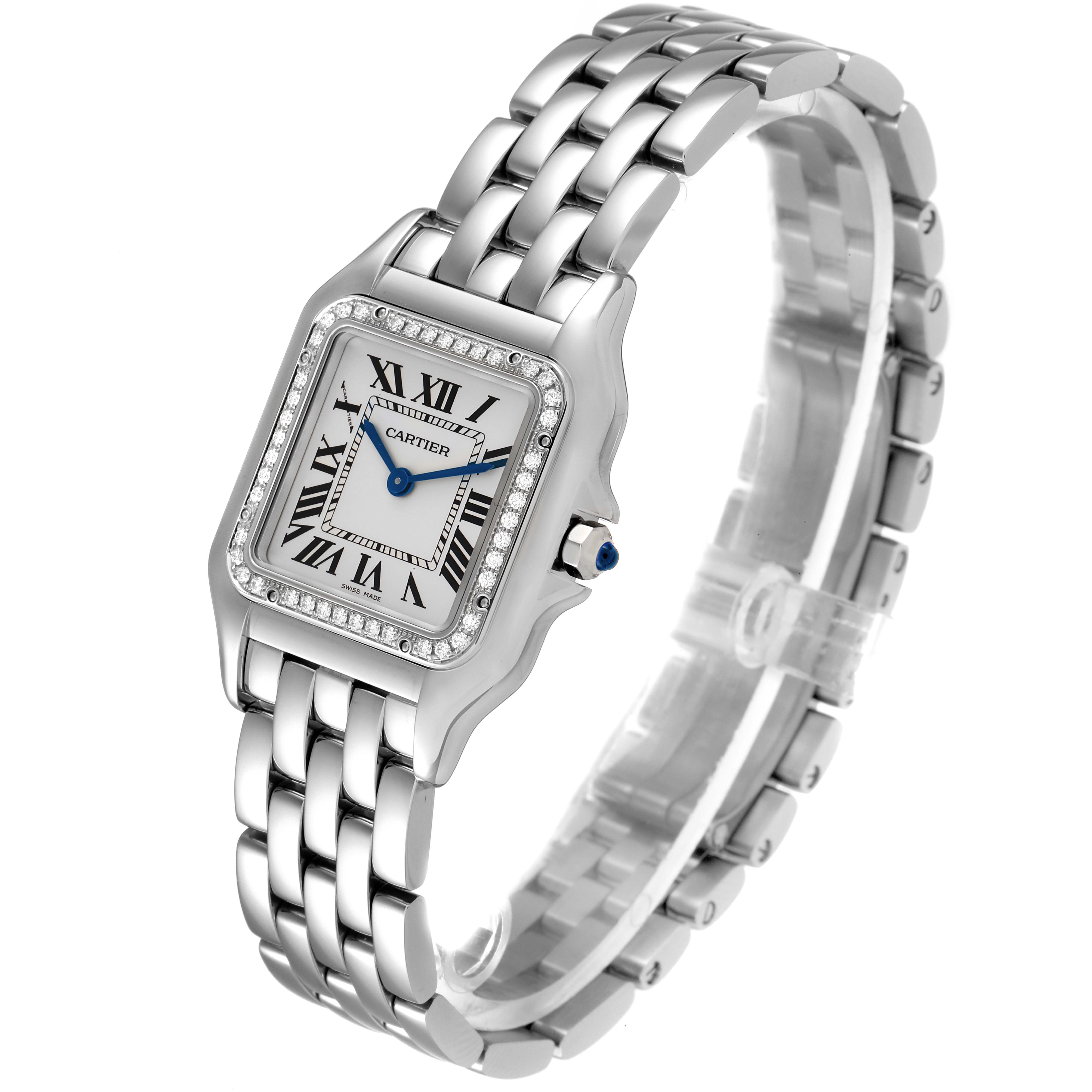The image shows a Cartier Panthere W4PN0008 Women
s Stainless Steel Silver Dial W4PN0008 Women
s Stainless Steel Silver Dial watch at a three-quarter angle, displaying the face, bezel, and bracelet.