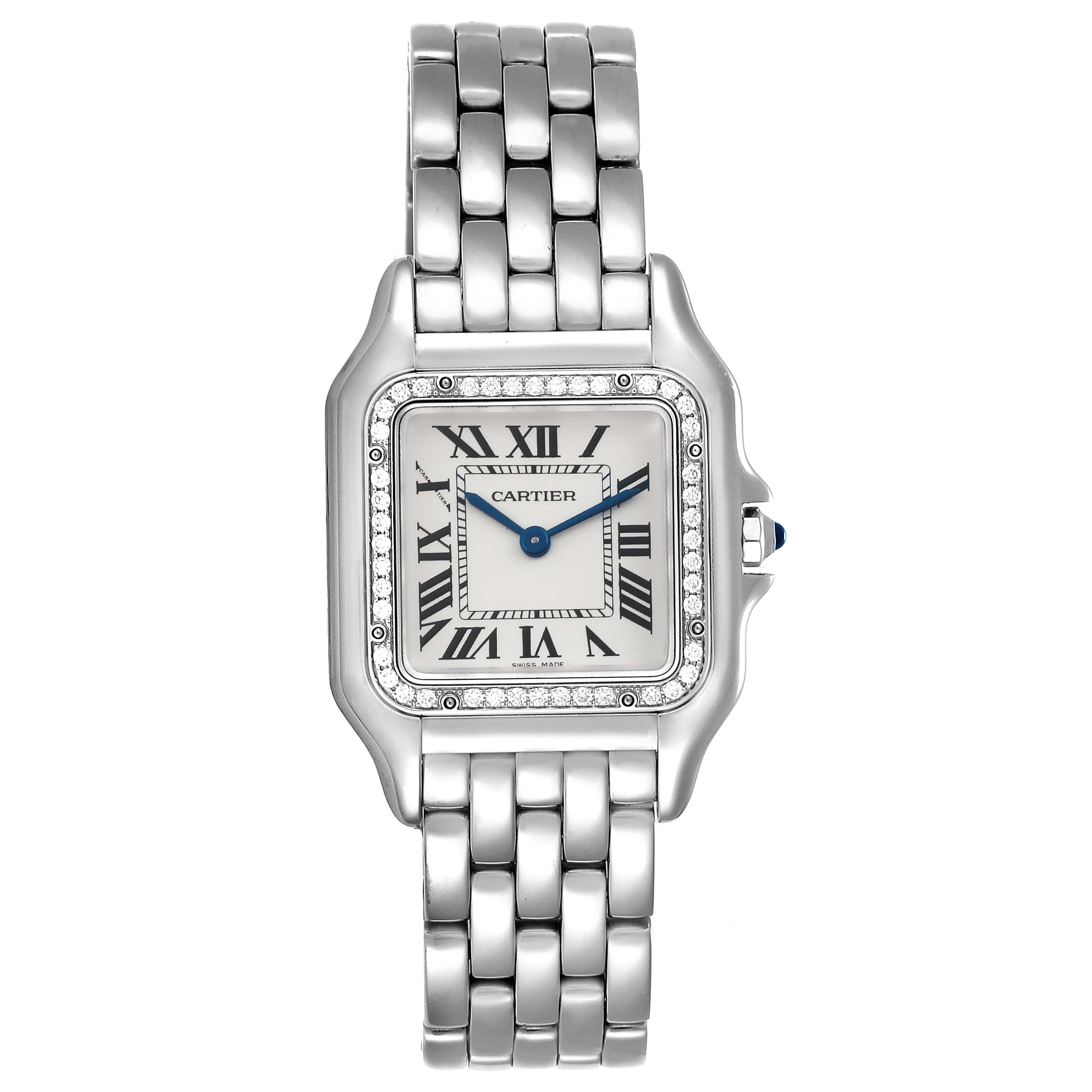 The image shows a front view of the Cartier Panthere W4PN0008 Women
s Stainless Steel Silver Dial W4PN0008 Women
s Stainless Steel Silver Dial watch, displaying its face, bezel, and bracelet.